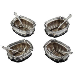 Antique Edwardian Sterling Silver Set of 4 Chased Salt Cellars with Spoons