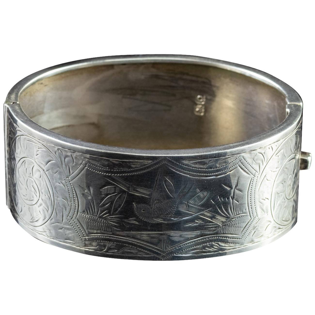 Antique Edwardian Sterling Silver Swallow Dated 1913 Bangle For Sale