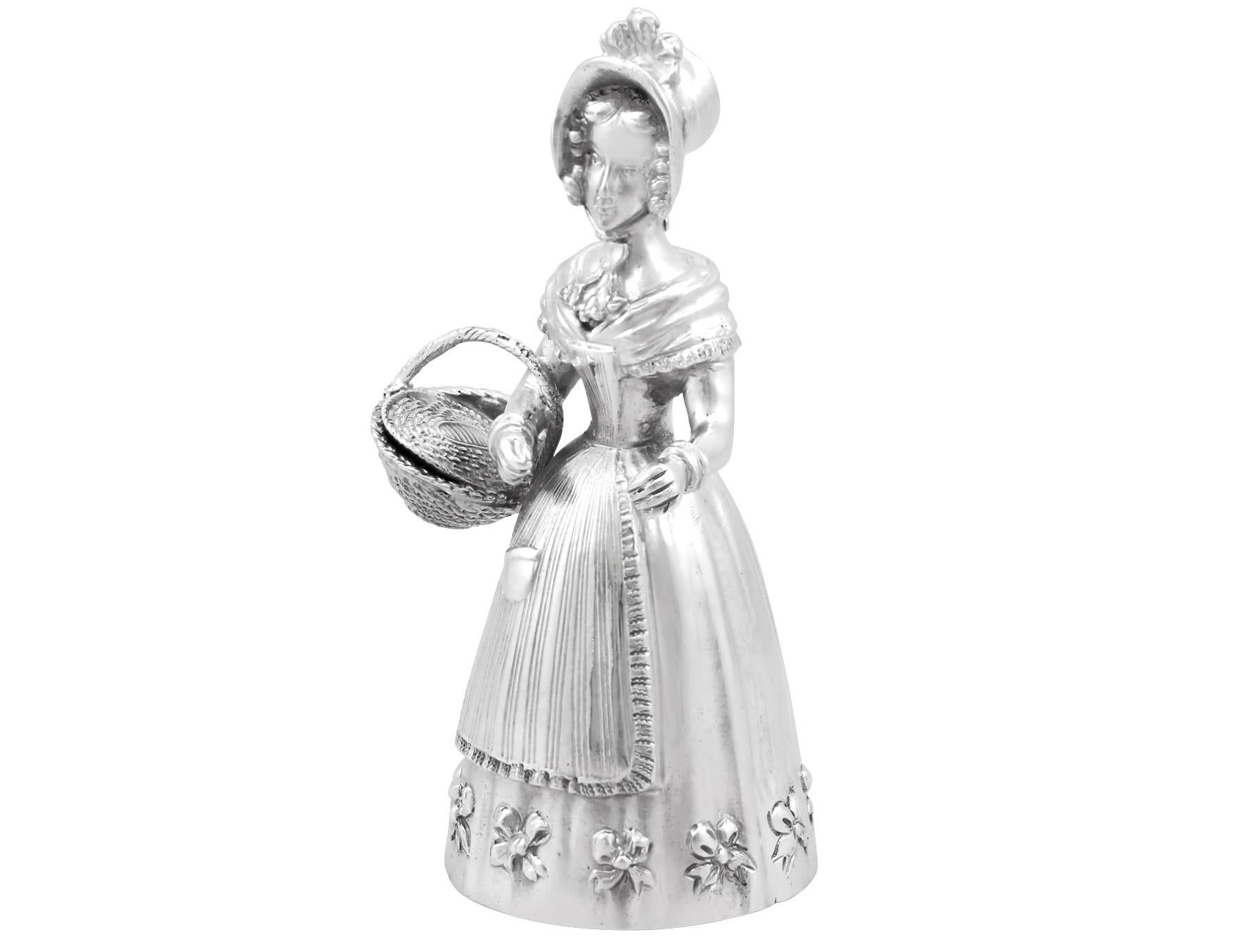 An exceptional, fine and impressive antique Edwardian English sterling silver figural table bell; an addition to our range of ornamental silverware.

This exceptional antique Edwardian cast sterling silver table bell has been modelled in the form