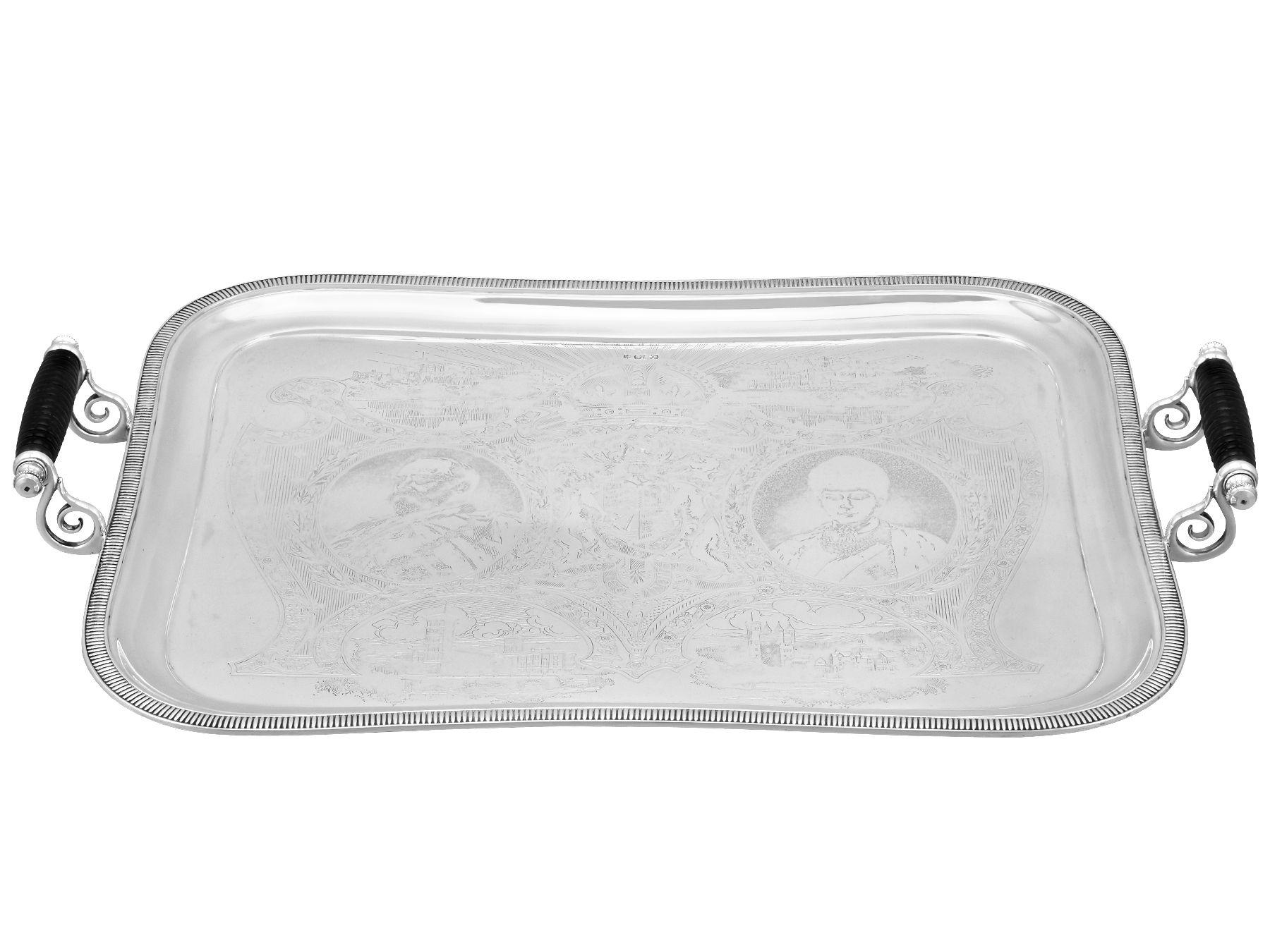 An exceptional, fine and impressive, rare antique Edwardian English sterling silver commemorative tray; an addition to our silver tray collection

This exceptional antique Edwardian sterling silver tray has a rectangular form with rounded