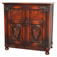 Antique Edwardian Style Carved and Inlaid Smoked Oak Credenza, 1920
