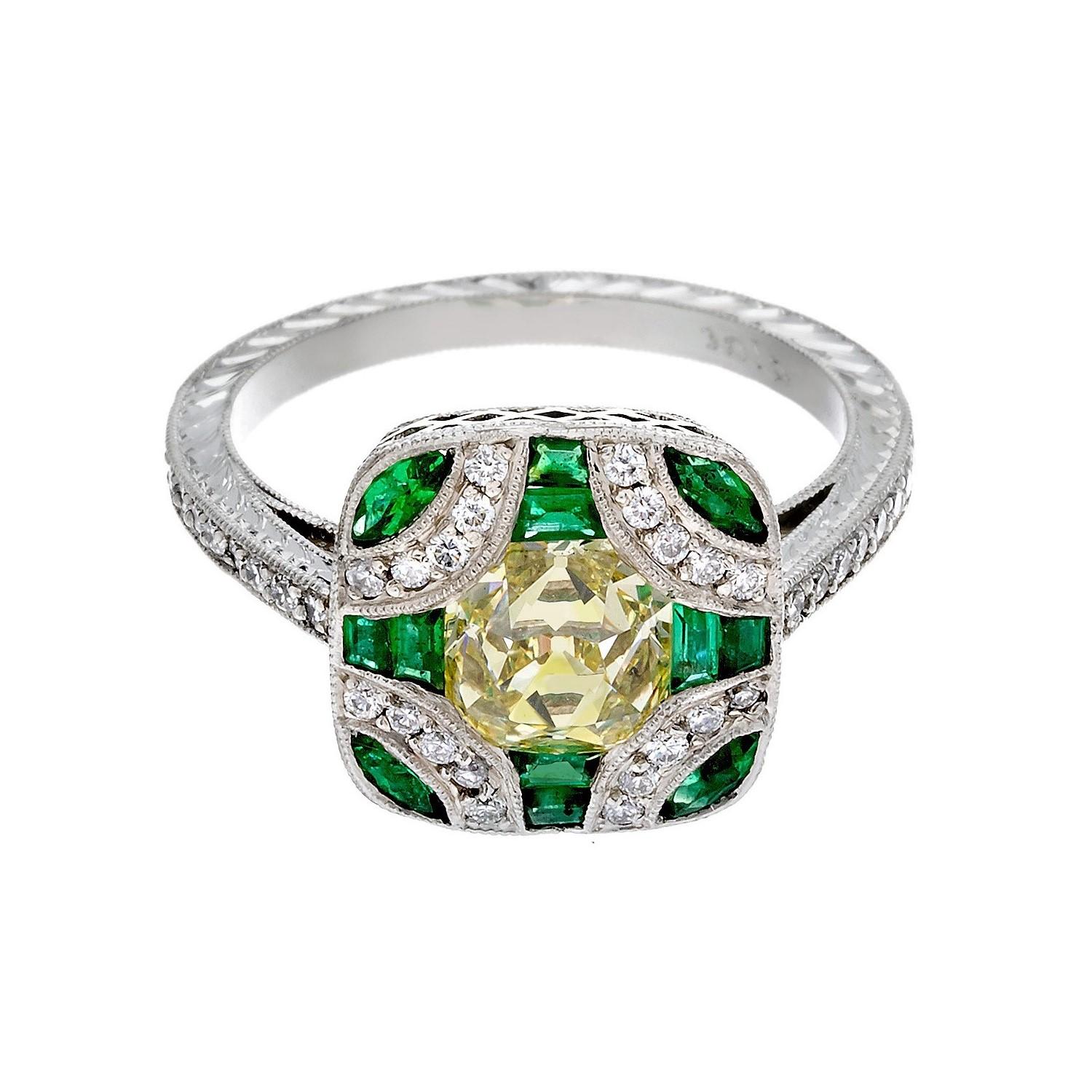 Antique Edwardian Style Fancy Yellow Old Mine Cut Diamond and Emerald Ring For Sale 6