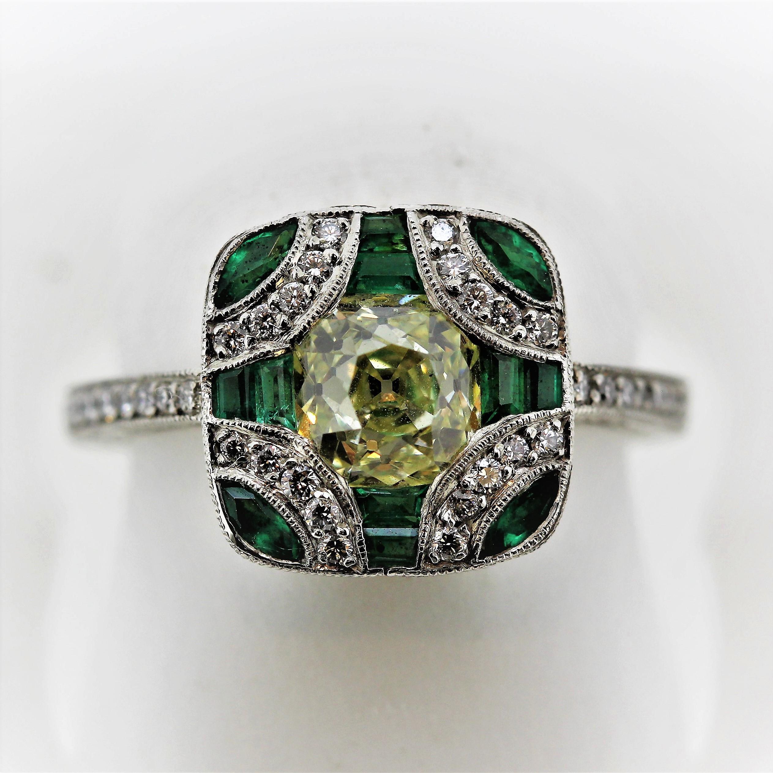 Antique Edwardian Style Fancy Yellow Old Mine Cut Diamond and Emerald Ring For Sale 5