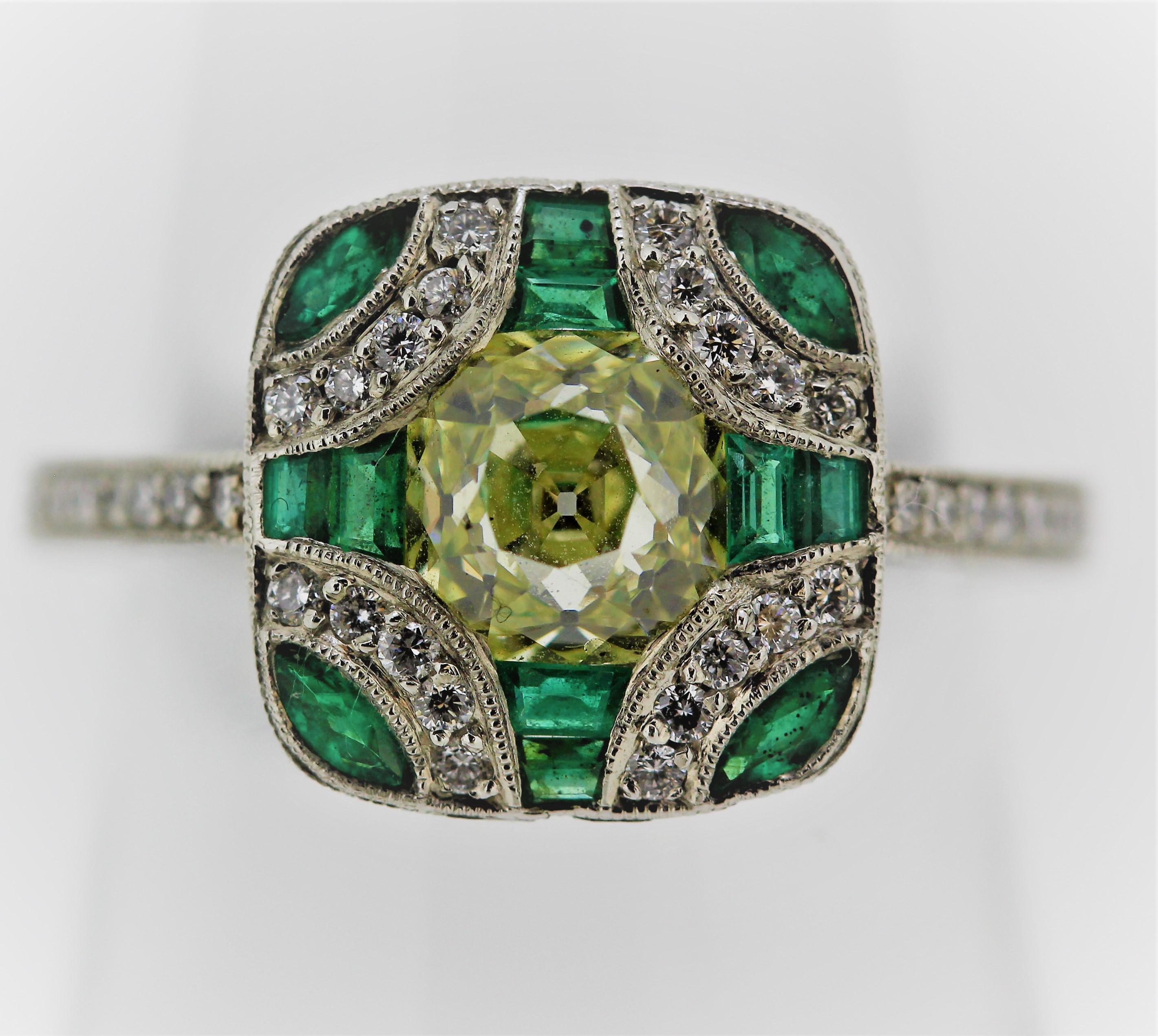 Women's Antique Edwardian Style Fancy Yellow Old Mine Cut Diamond and Emerald Ring For Sale