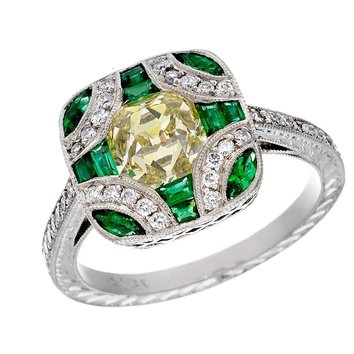 Antique Edwardian Style Fancy Yellow Old Mine Cut Diamond and Emerald Ring For Sale 1