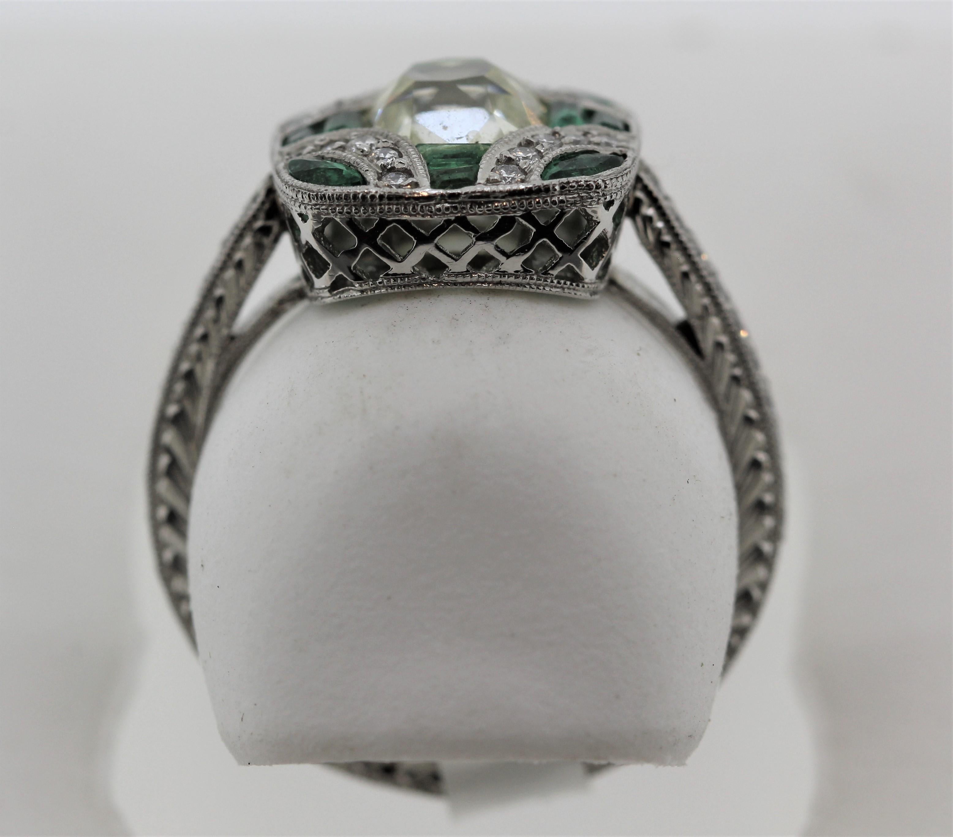 Antique Edwardian Style Fancy Yellow Old Mine Cut Diamond and Emerald Ring im Angebot 9