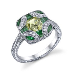 Antique Edwardian Style Fancy Yellow Old Mine Cut Diamond and Emerald Ring