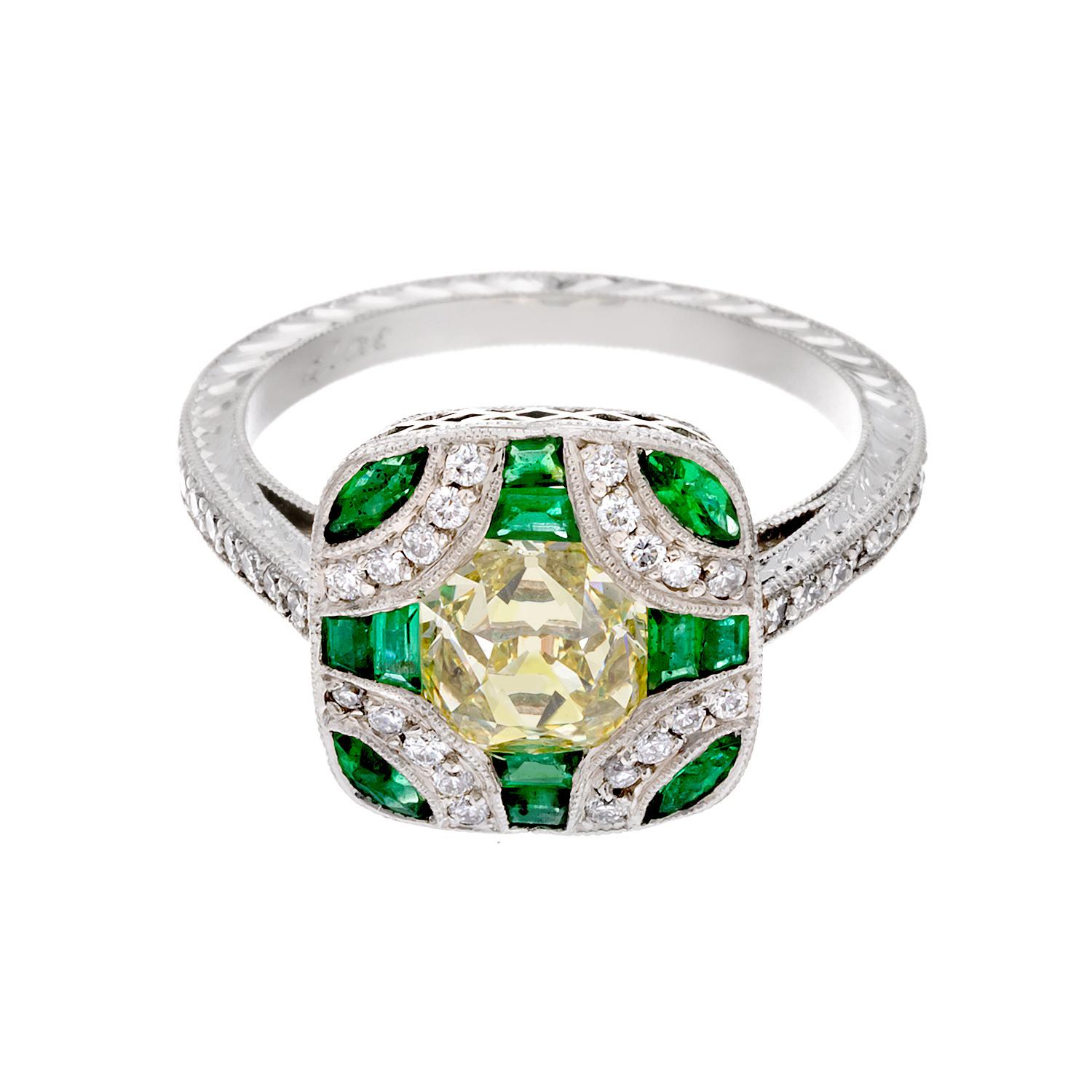 Antique Edwardian Style Fancy Yellow Old Mine Cut Diamond and Emerald Ring For Sale 4