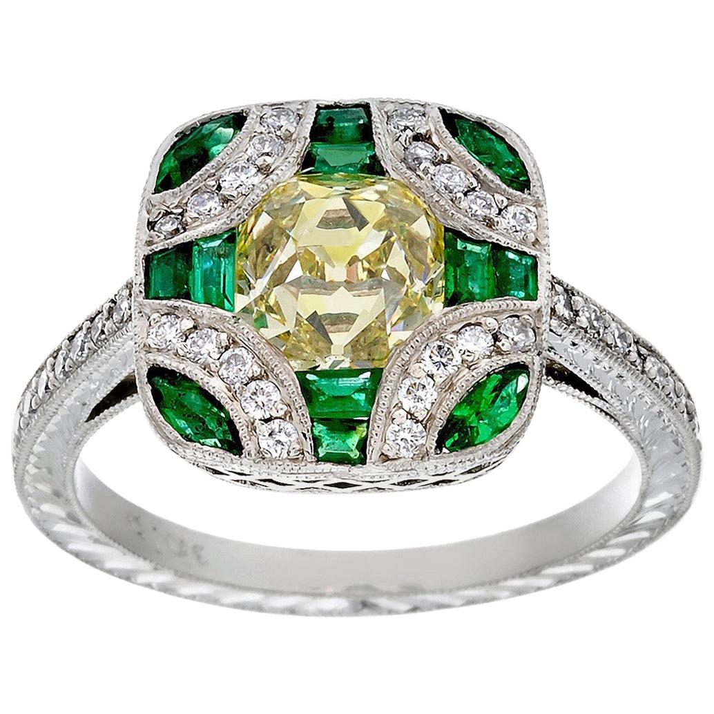 Antique Edwardian Style Fancy Yellow Old Mine Cut Diamond and Emerald Ring For Sale