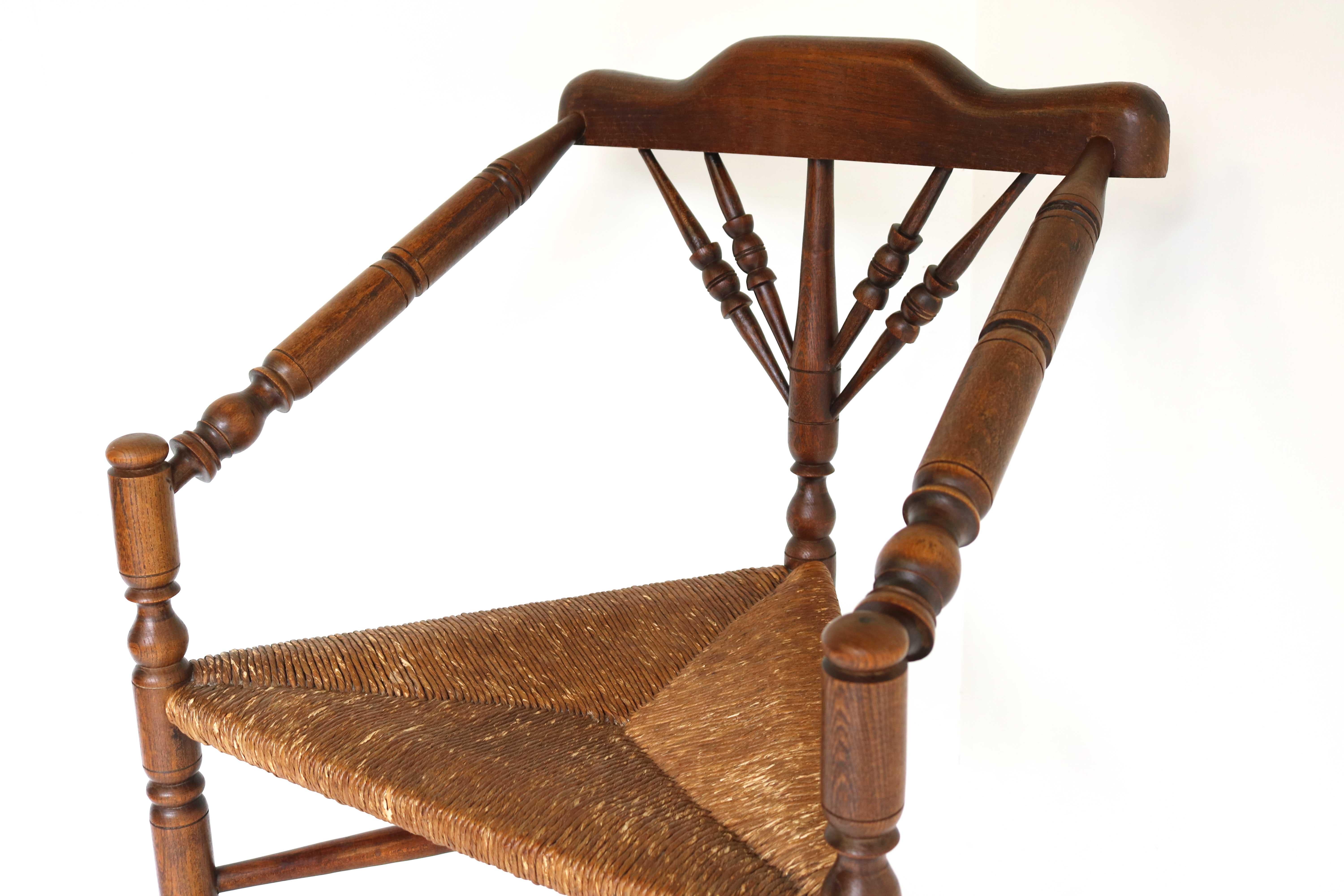 Antique Edwardian Style Triangular Corner Chair Rush Seat Knitting Armchair 1900 For Sale 4
