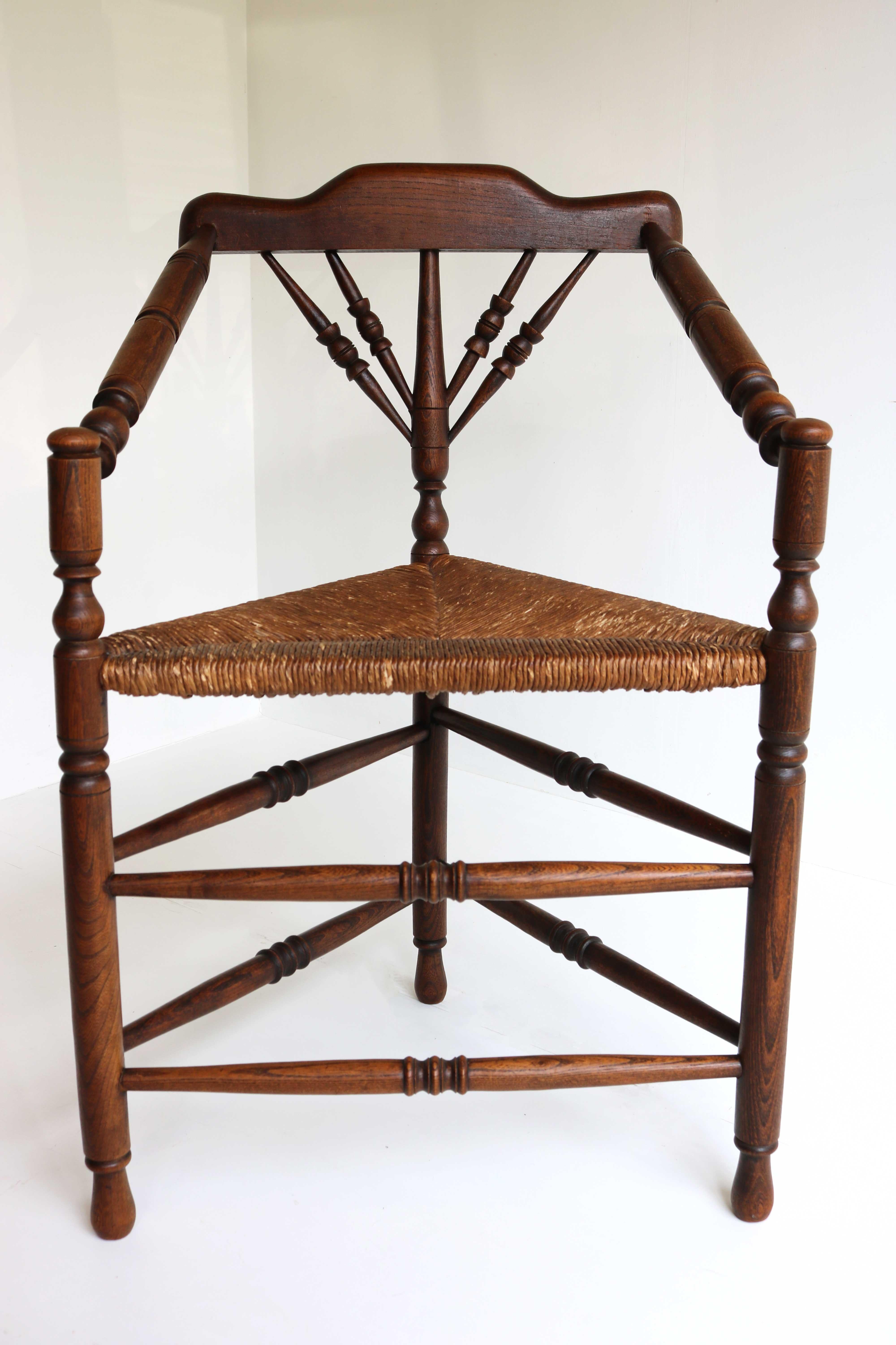 Antique Edwardian Style Triangular Corner Chair Rush Seat Knitting Armchair 1900 For Sale 7