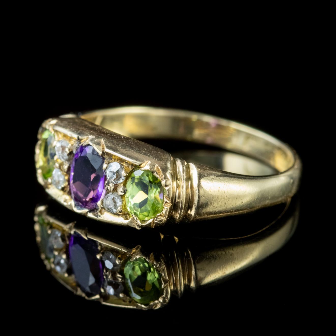 This gorgeous Edwardian Suffragette ring was created during the struggle for women’s rights, and is set with Green, White and Violet stones which carry the message: Green for give, White for women, and Violet for votes.

The central 0.25ct Amethyst