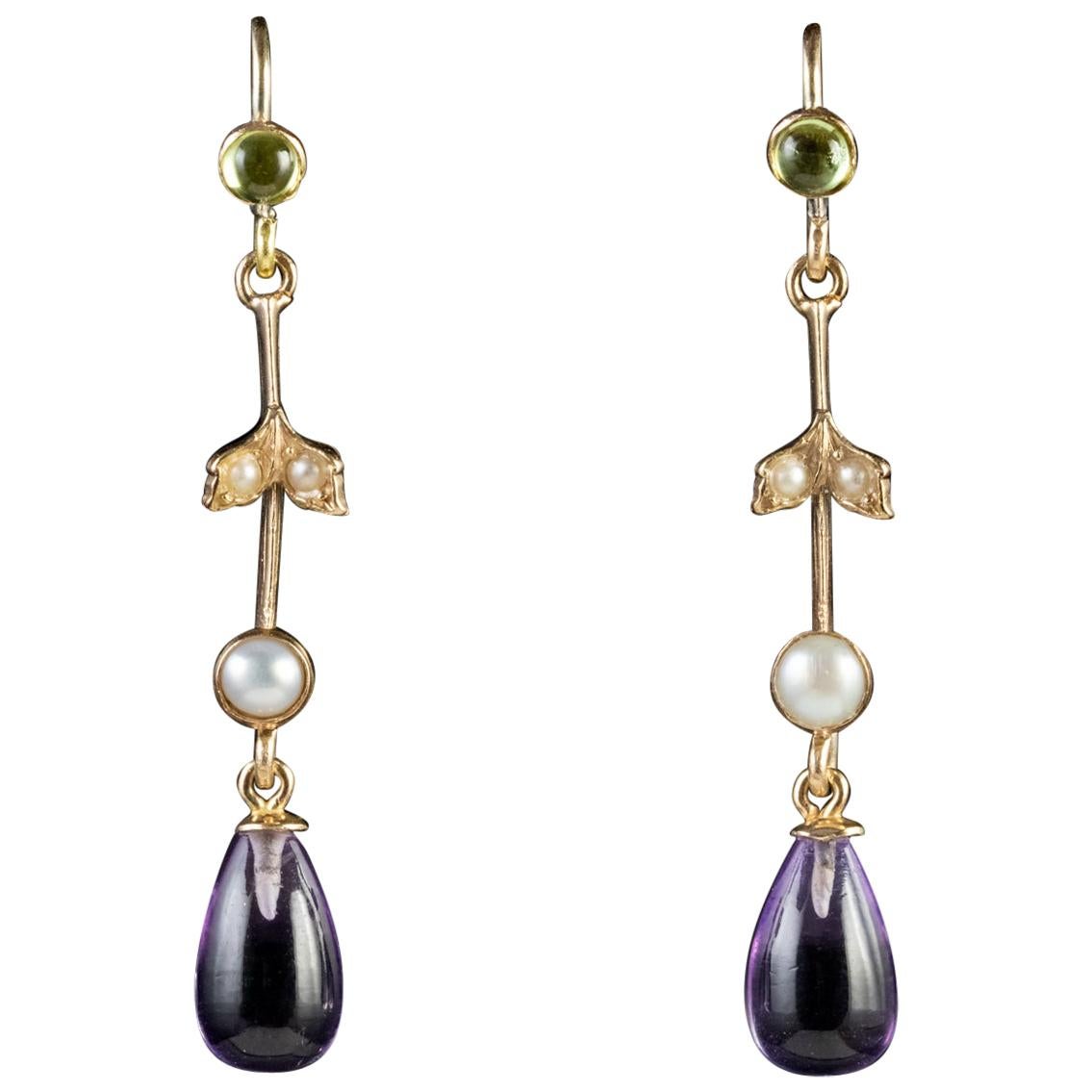 Antique Edwardian Suffragette Amethyst Drop Earrings 9 Carat Gold, circa 1915