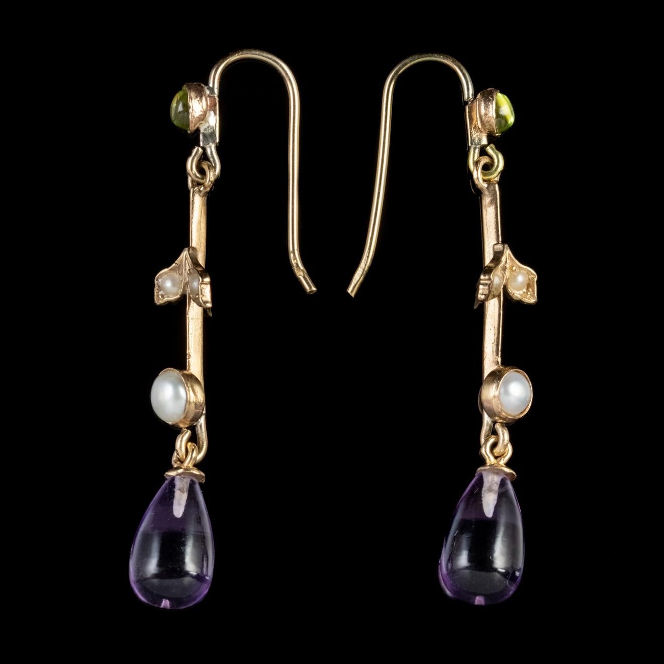 Antique Edwardian Suffragette Amethyst Drop Earrings 9 Carat Gold, circa 1915 In Good Condition In Lancaster, Lancashire