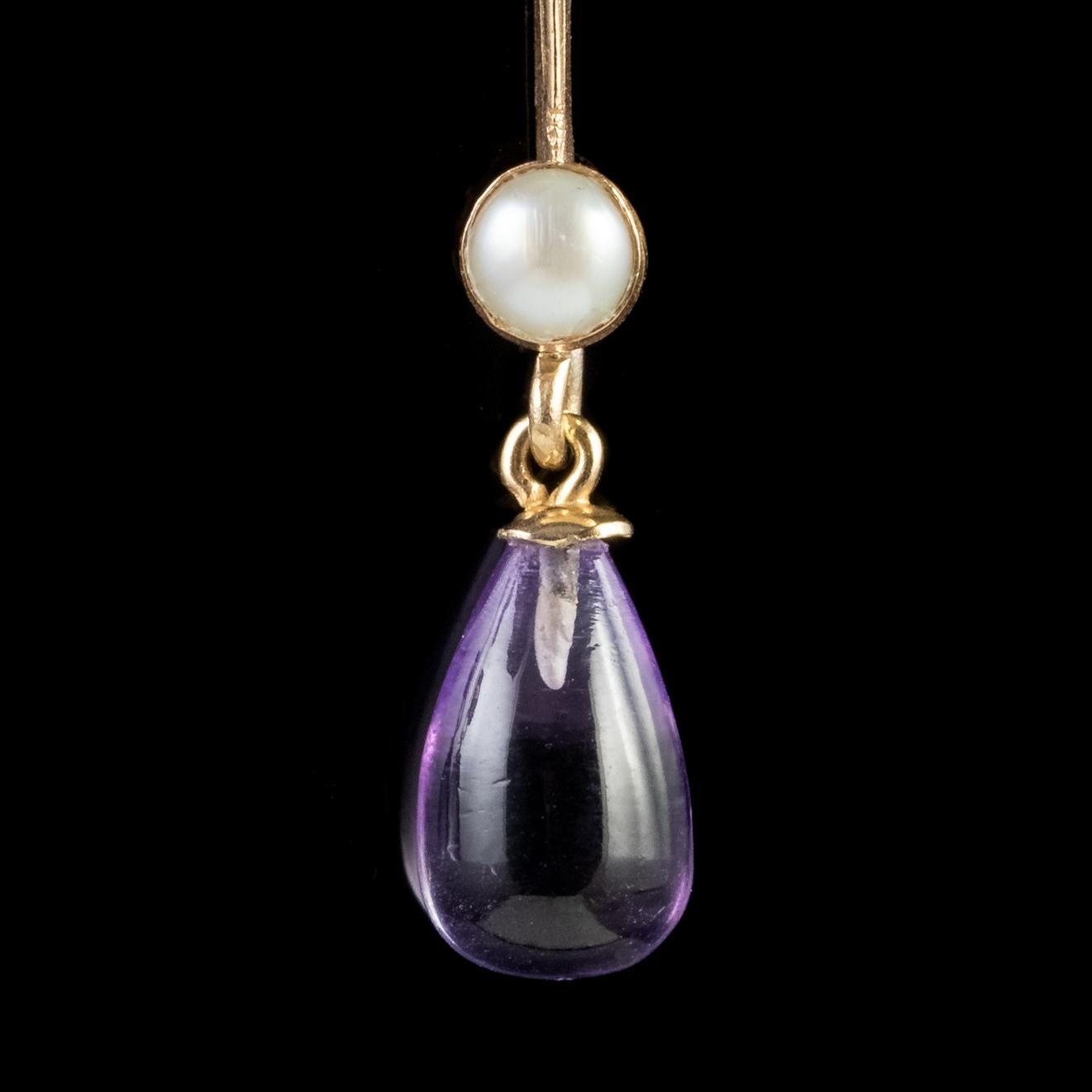 Women's or Men's Antique Edwardian Suffragette Amethyst Drop Earrings 9 Carat Gold, circa 1915