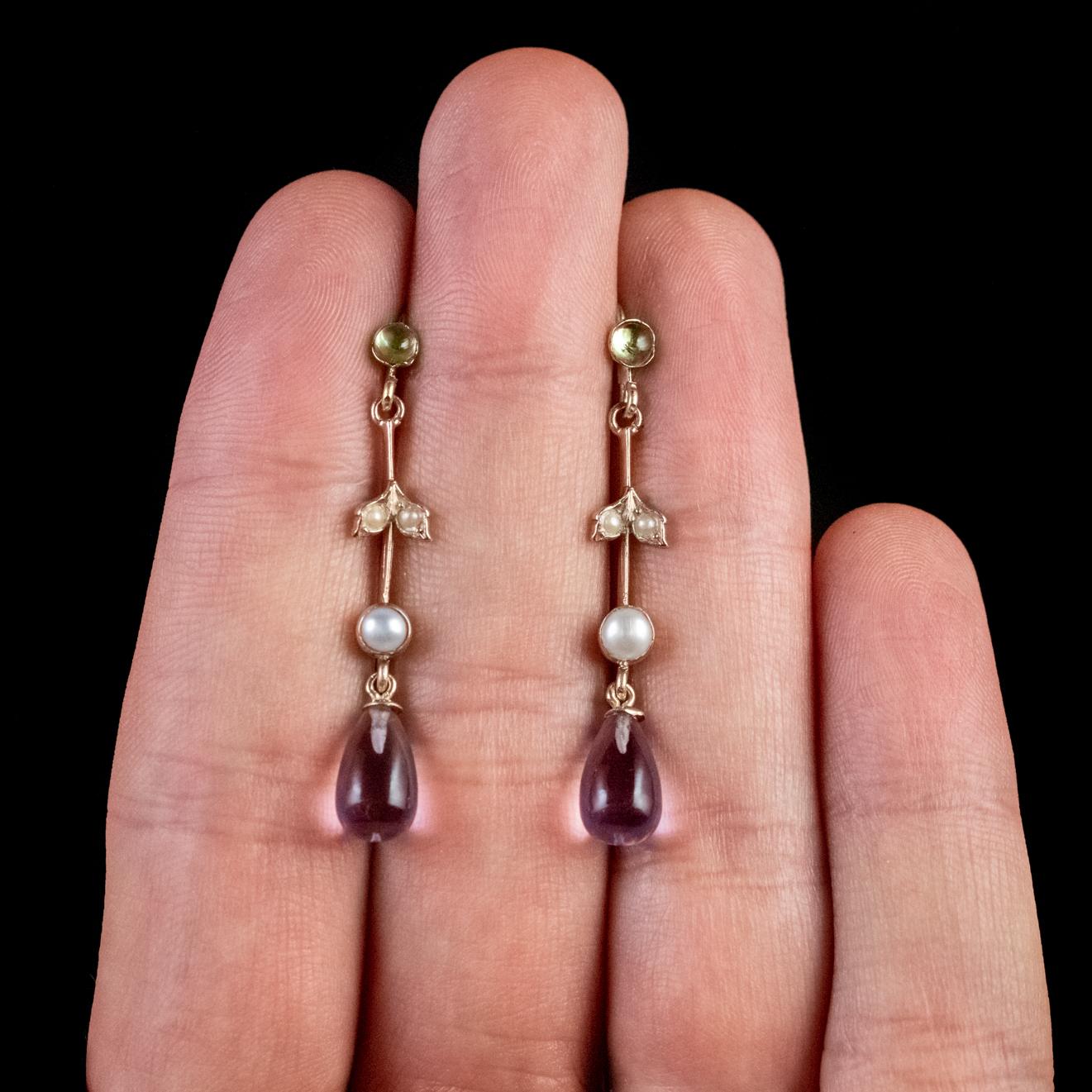 Antique Edwardian Suffragette Amethyst Drop Earrings 9 Carat Gold, circa 1915 1