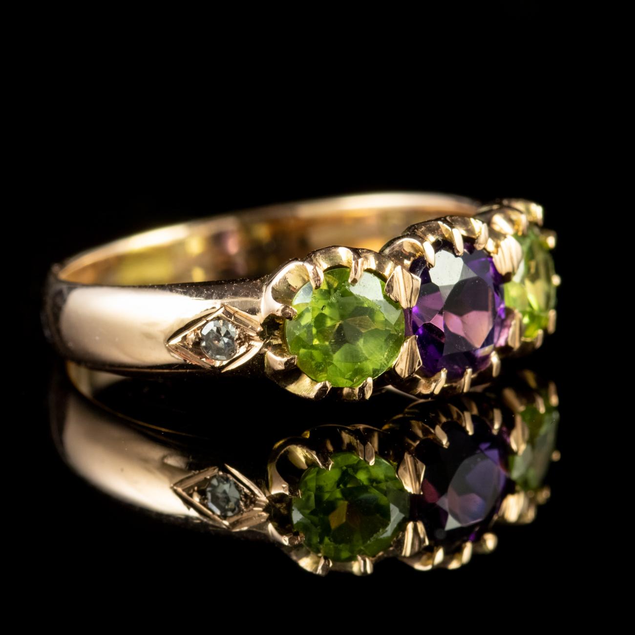 This exquisite 18ct Yellow Gold Edwardian Suffragette ring is a beautiful example of the jewellery worn to show allegiance to the Suffragette movement, and devotion to the cause of securing women’s rights.

Suffragette jewellery consisted of Violet,