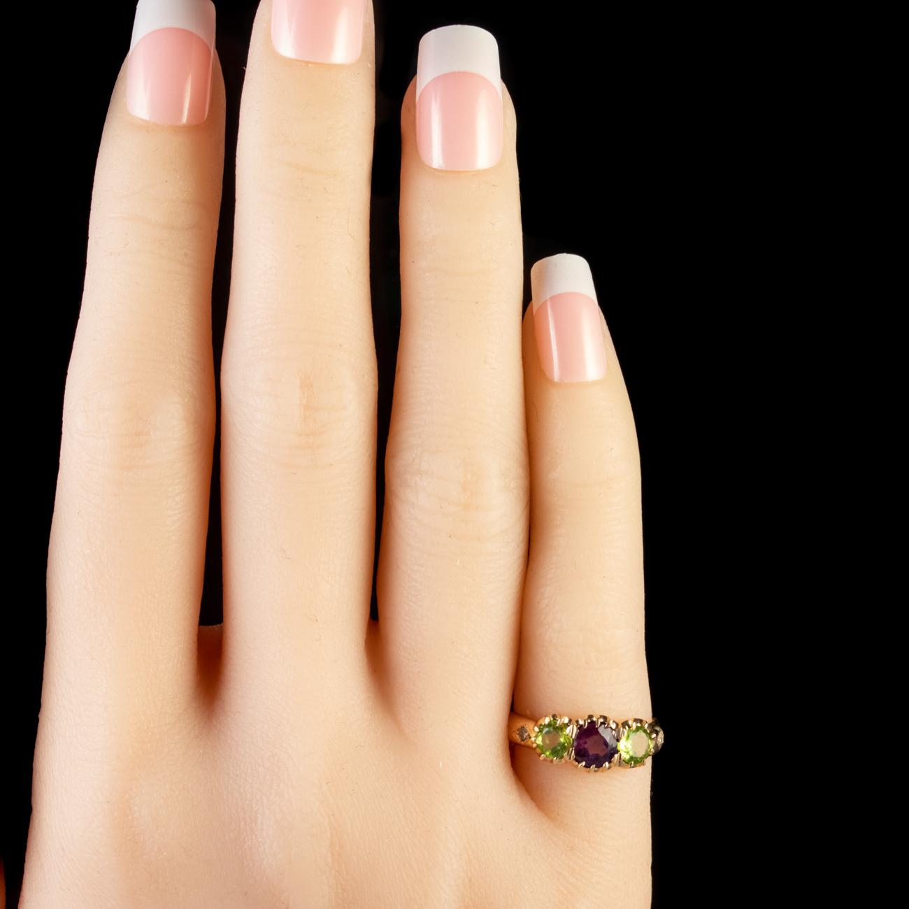 Antique Edwardian Suffragette Amethyst Peridot 18 Carat Gold, circa 1910 Ring For Sale 1