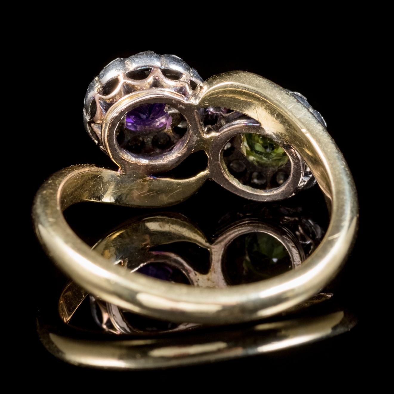 Antique Edwardian Suffragette Amethyst Peridot Twist Ring Dated London, 1910 In Excellent Condition In Lancaster, Lancashire