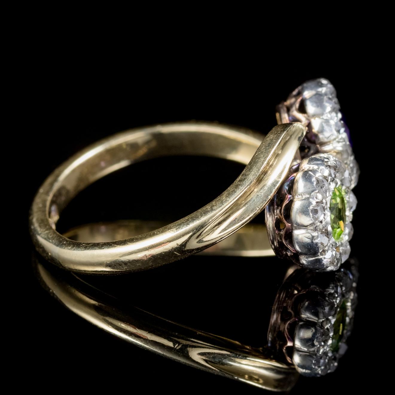 Women's Antique Edwardian Suffragette Amethyst Peridot Twist Ring Dated London, 1910