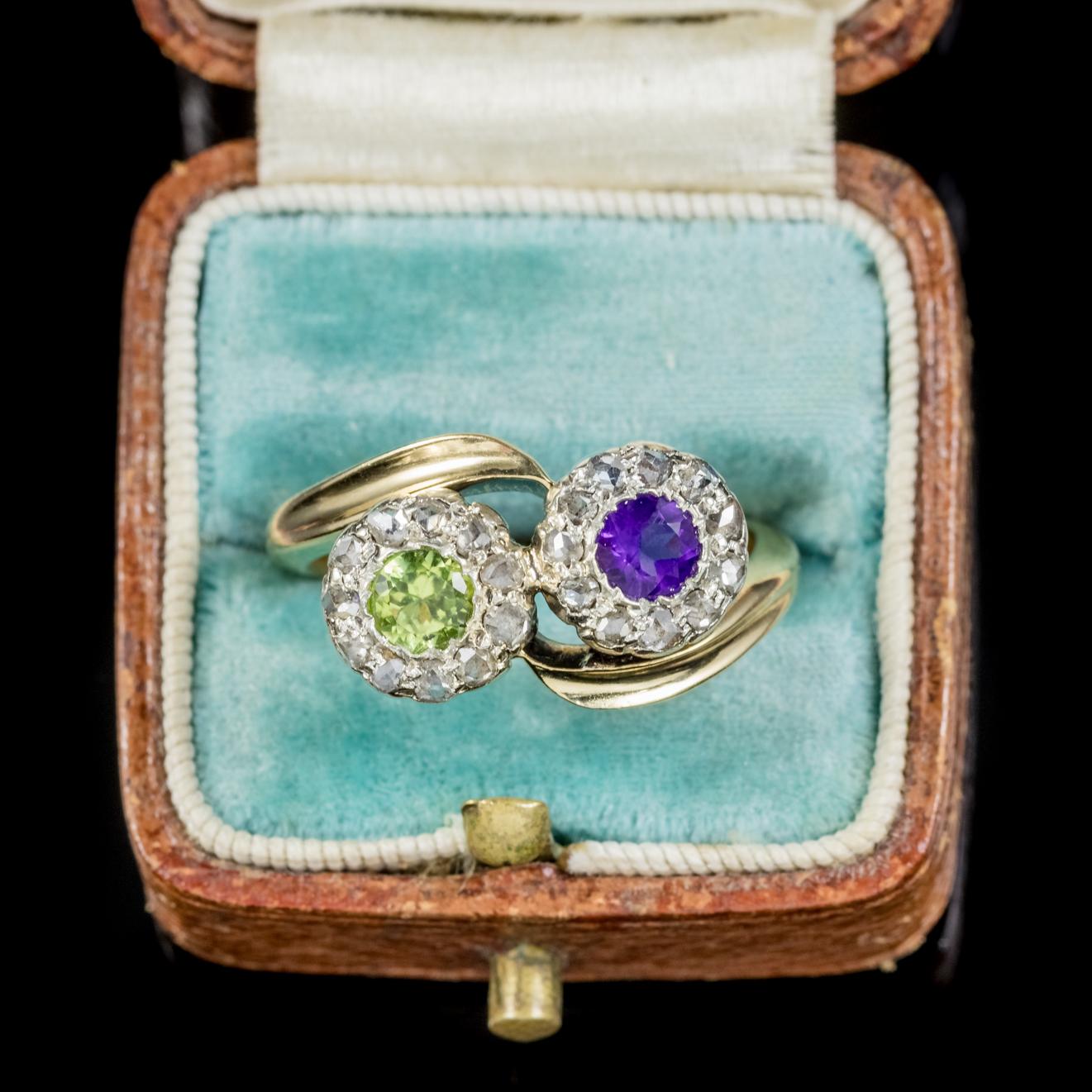 Antique Edwardian Suffragette Amethyst Peridot Twist Ring Dated London, 1910 3