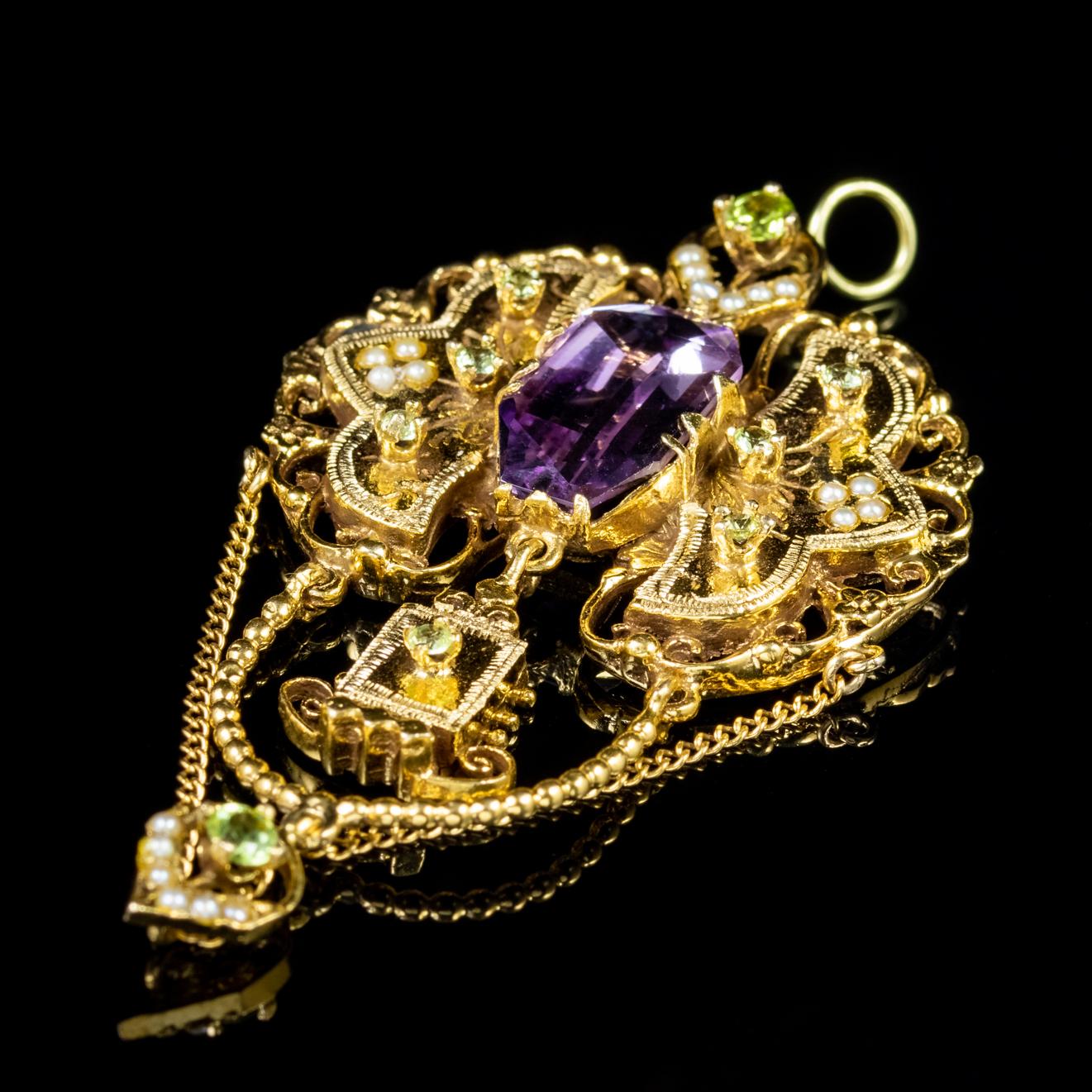 Antique Edwardian Suffragette Drop Pendant 18 Carat Gold Amethyst, circa 1910 In Good Condition In Lancaster, Lancashire