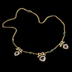 Antique Edwardian Suffragette Necklace Amethyst Heart Droppers 18 Carat Gold