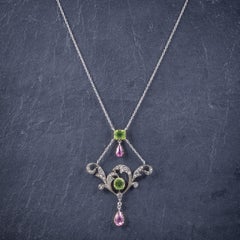 Antique Edwardian Suffragette Diamond Peridot Spinel Platinum Pendant Necklace