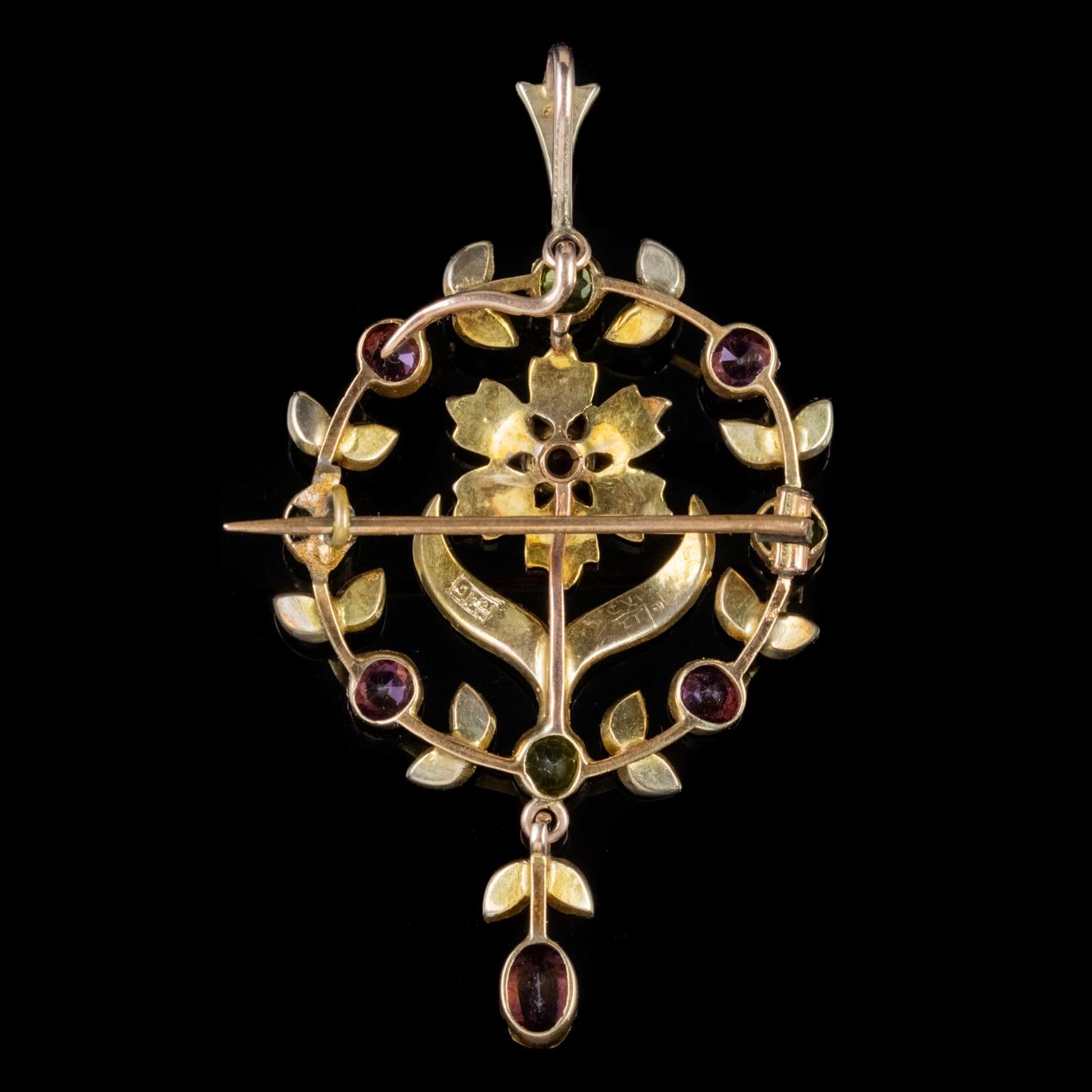 Edwardian Suffragette Pendant Peridot Pearl Amethyst 9 Carat Gold, circa 1910 In Good Condition In Lancaster, Lancashire