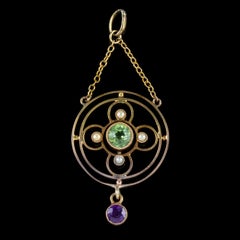 Antique Edwardian Suffragette Peridot Amethyst Pendant 9ct Gold Circa 1910