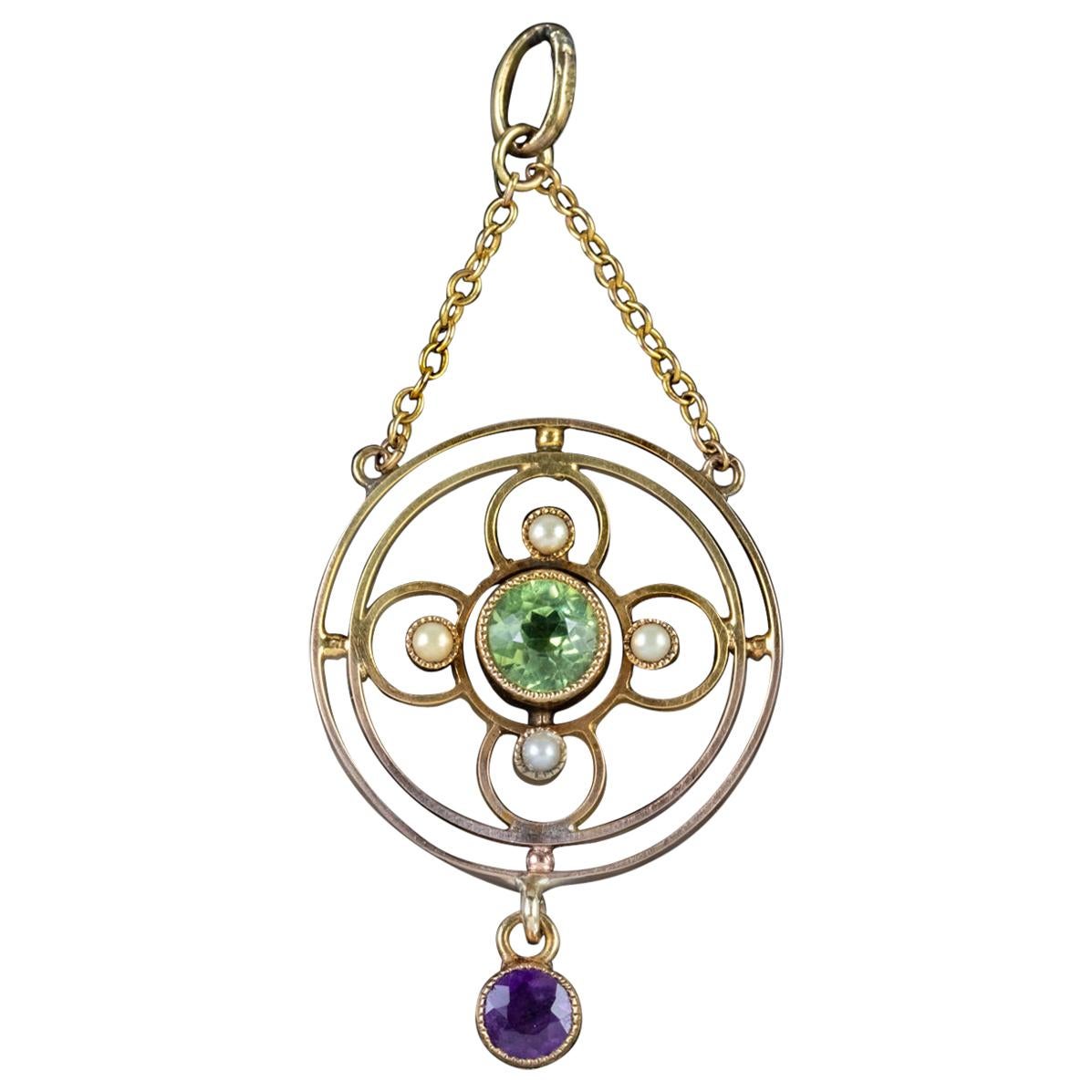 Antique Edwardian Suffragette Peridot Amethyst Pendant 9ct Gold Circa 1910 For Sale