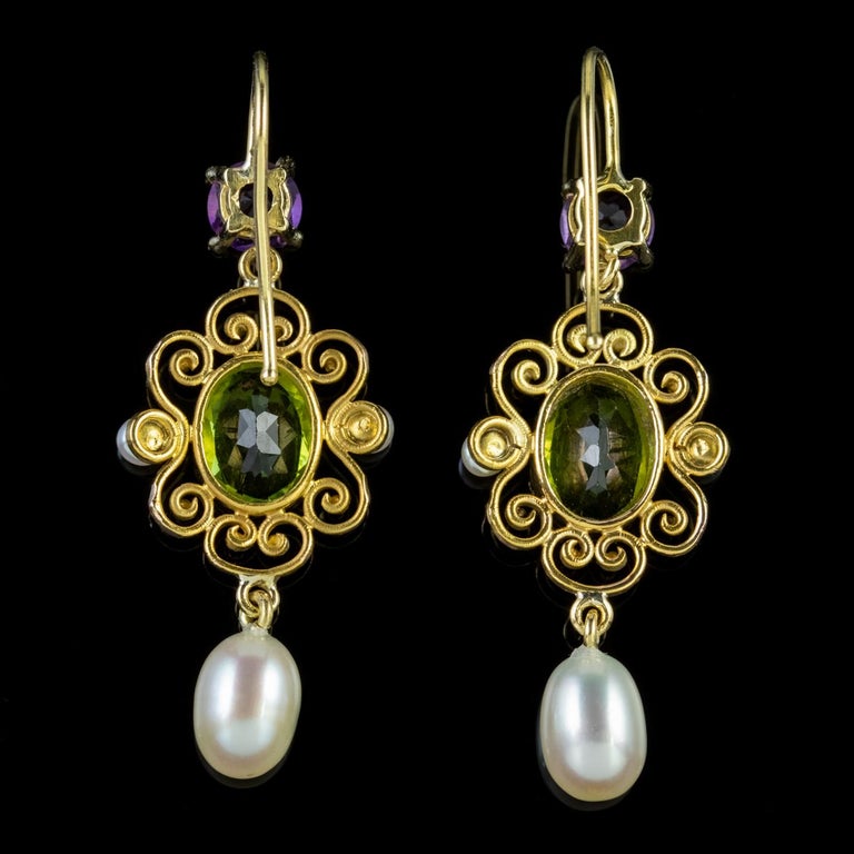 Antique Edwardian Suffragette Peridot Pearl Drop Earrings 18 Carat Gold ...