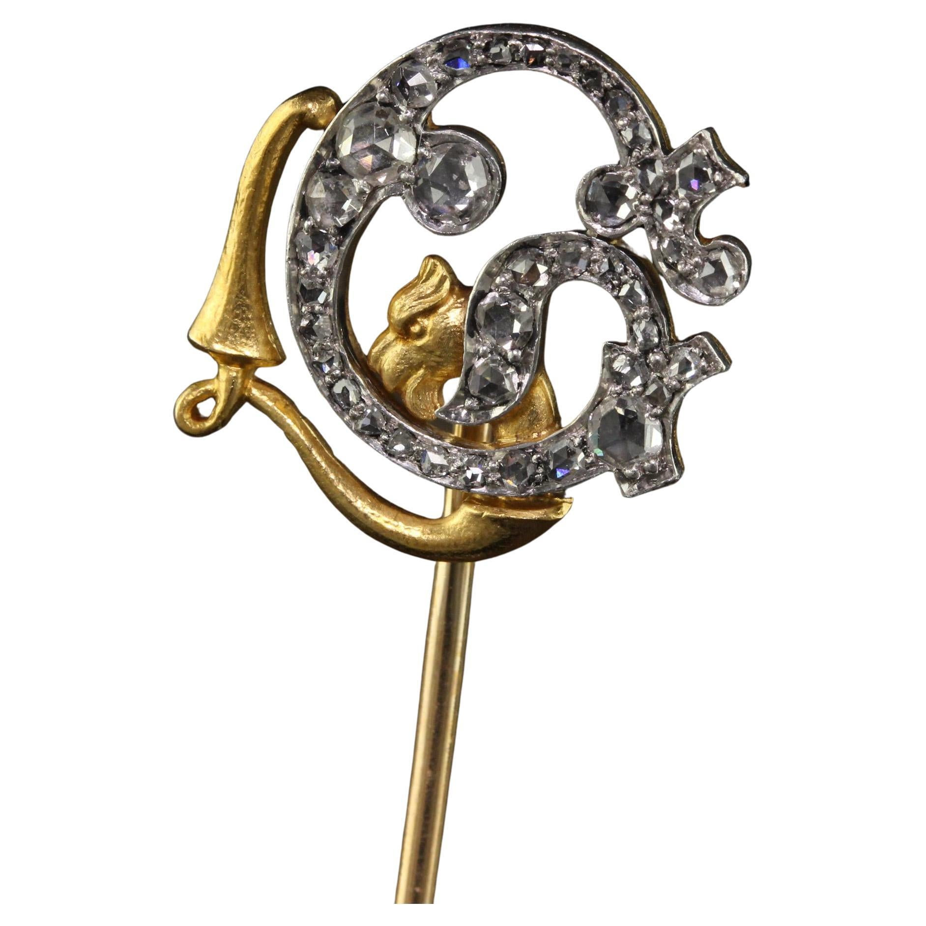 Antique Edwardian Theodore B. Starr Rose Cut Diamond Griffin Stick Pin For Sale