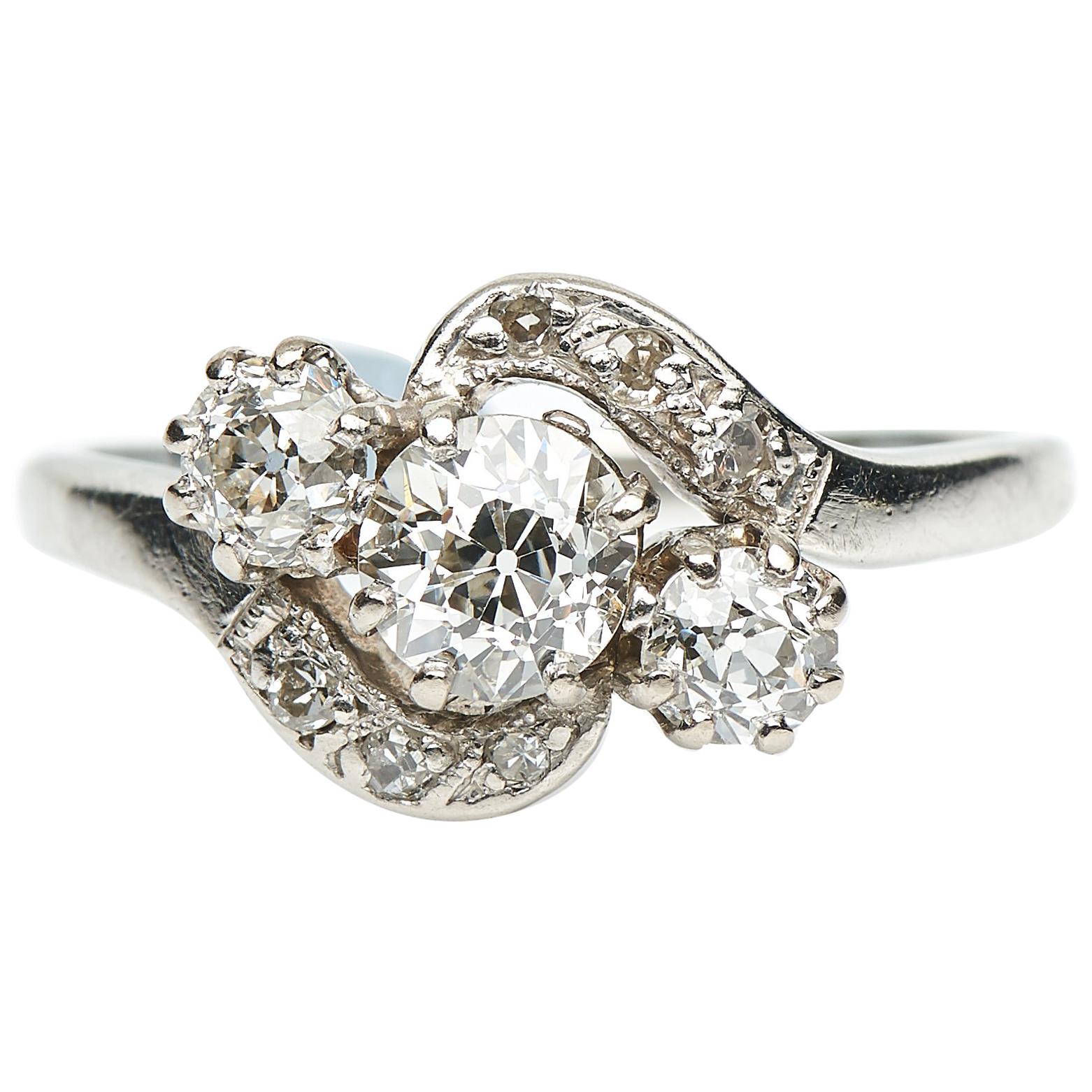 Antique, Edwardian, Three-Stone Diamond Crossover Engagement Ring