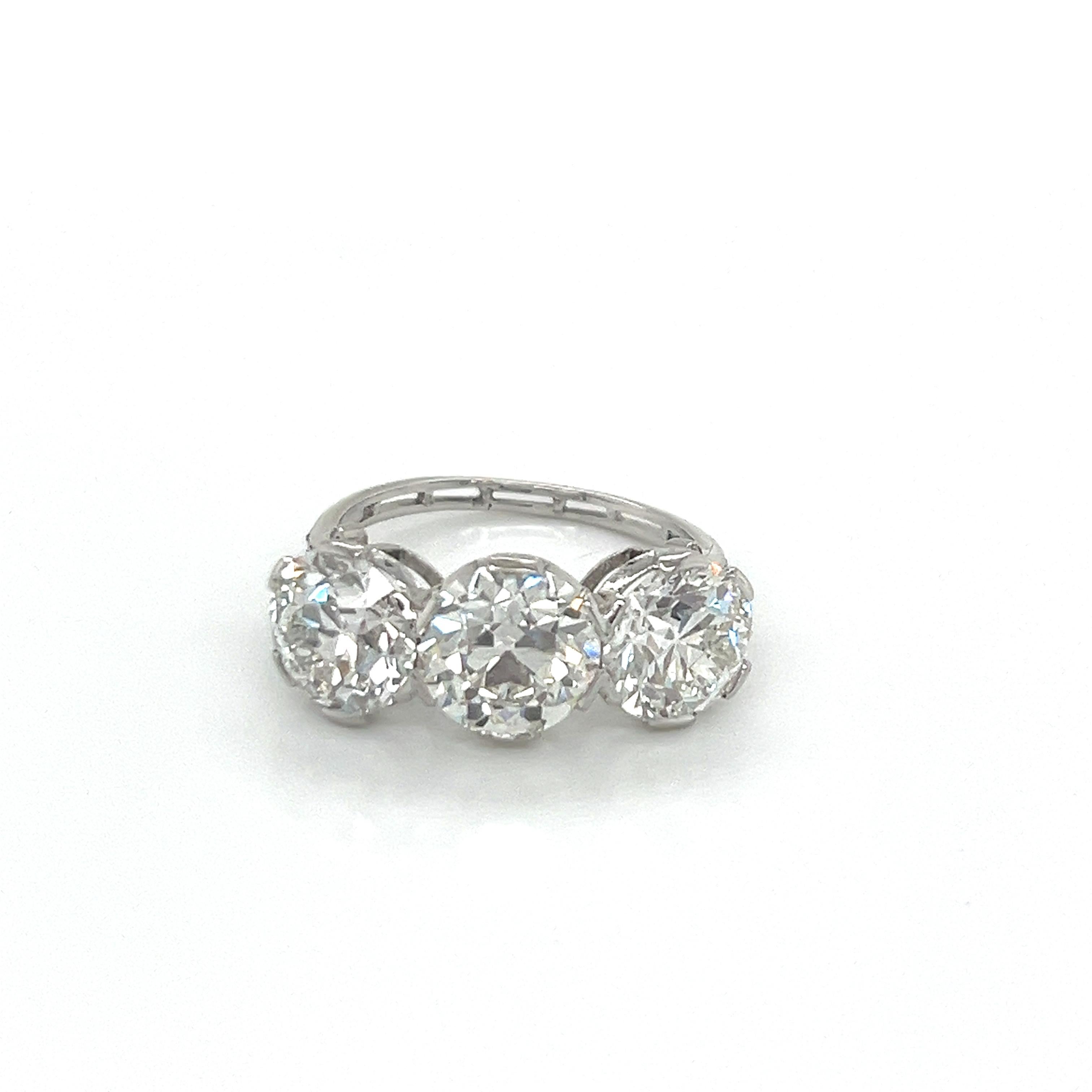 Exquisite Antique Edwardian Three-Stone Diamond Ring 5.37cts (Circa 1920s)

This breathtaking Edwardian-era masterpiece showcases three exceptional Old European cut diamonds, each accompanied by a GIA certificate. The ring's total diamond weight is