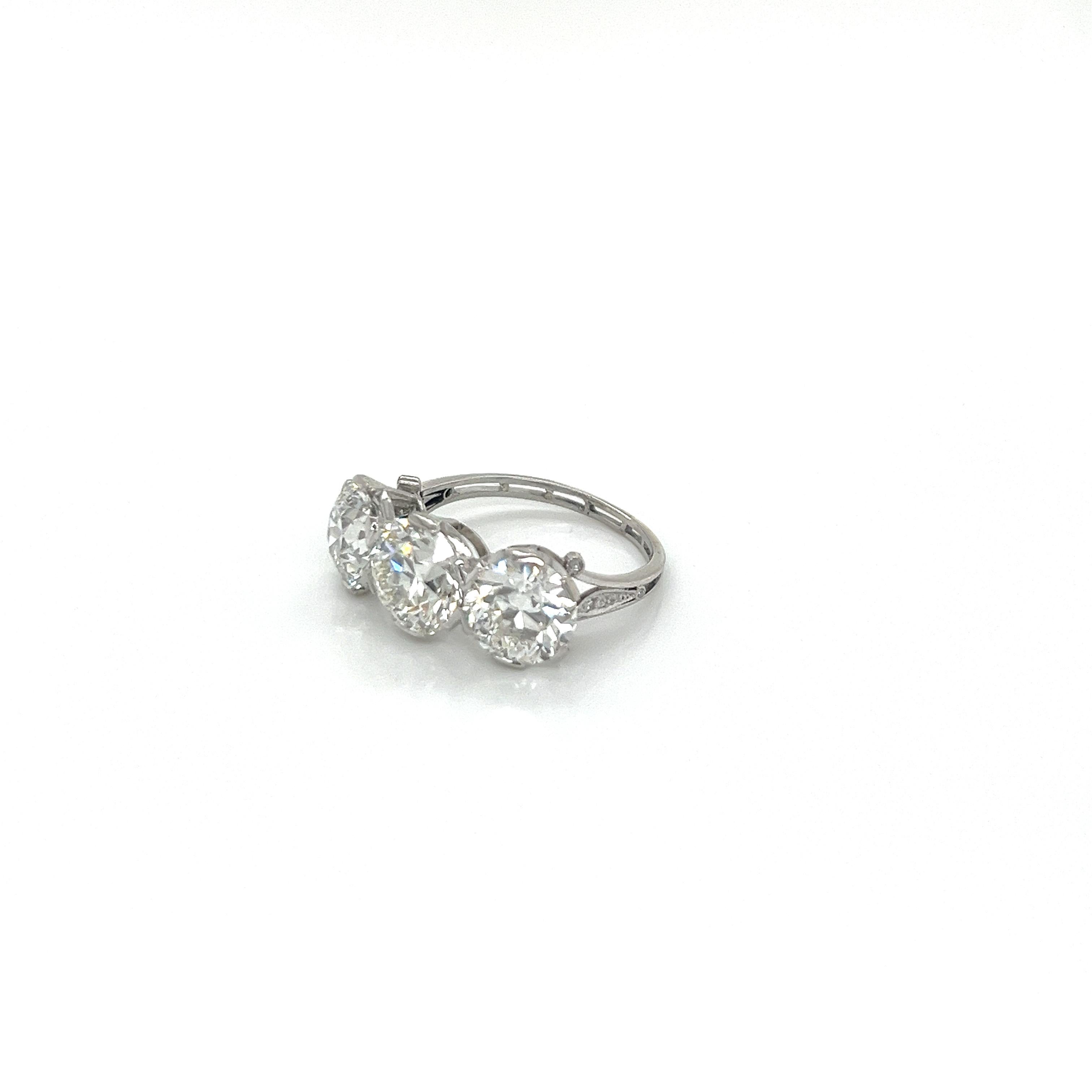 Old European Cut Antique Edwardian Three-Stone Diamond Ring 5.37cts For Sale