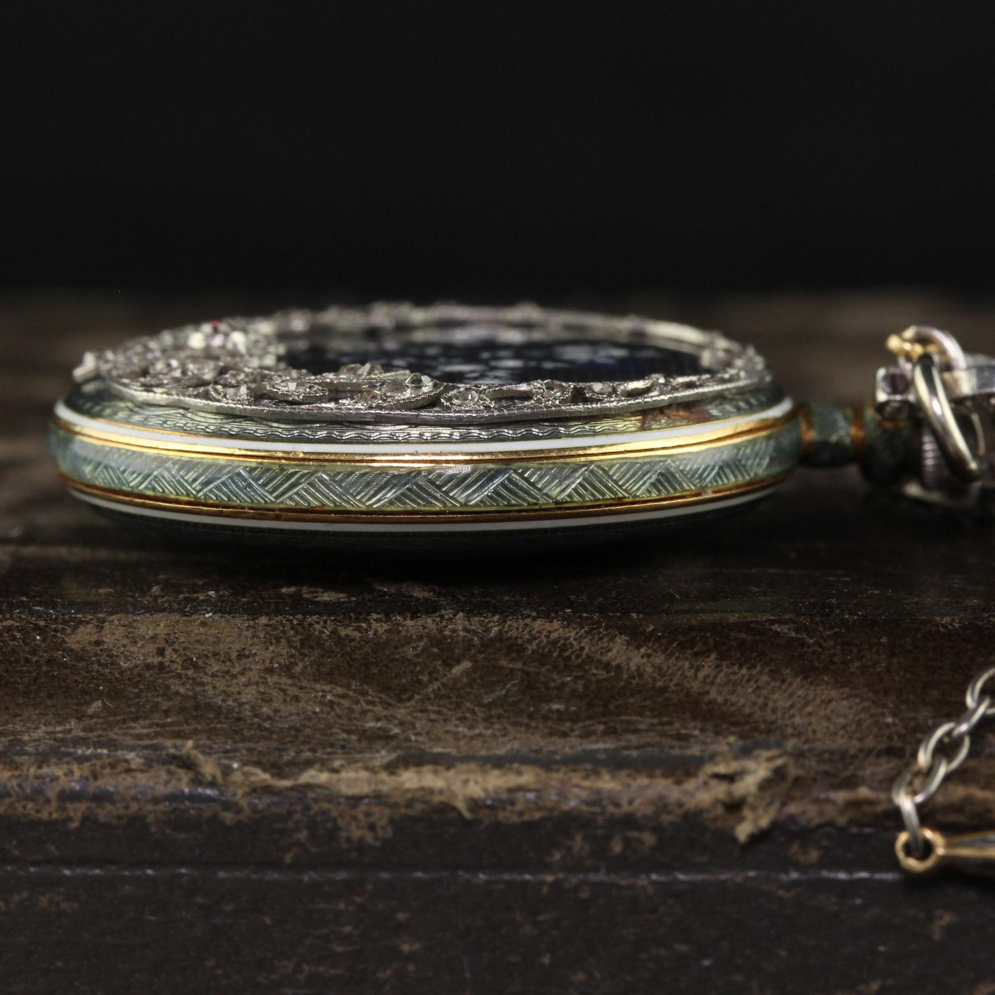 Antique Edwardian Tiffany and Co Platinum Guilloche Enamel Diamond Watch Pendant For Sale 5