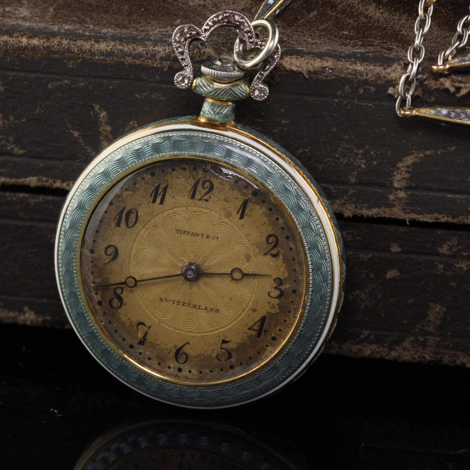 Antique Edwardian Tiffany and Co Platinum Guilloche Enamel Diamond Watch Pendant For Sale 1