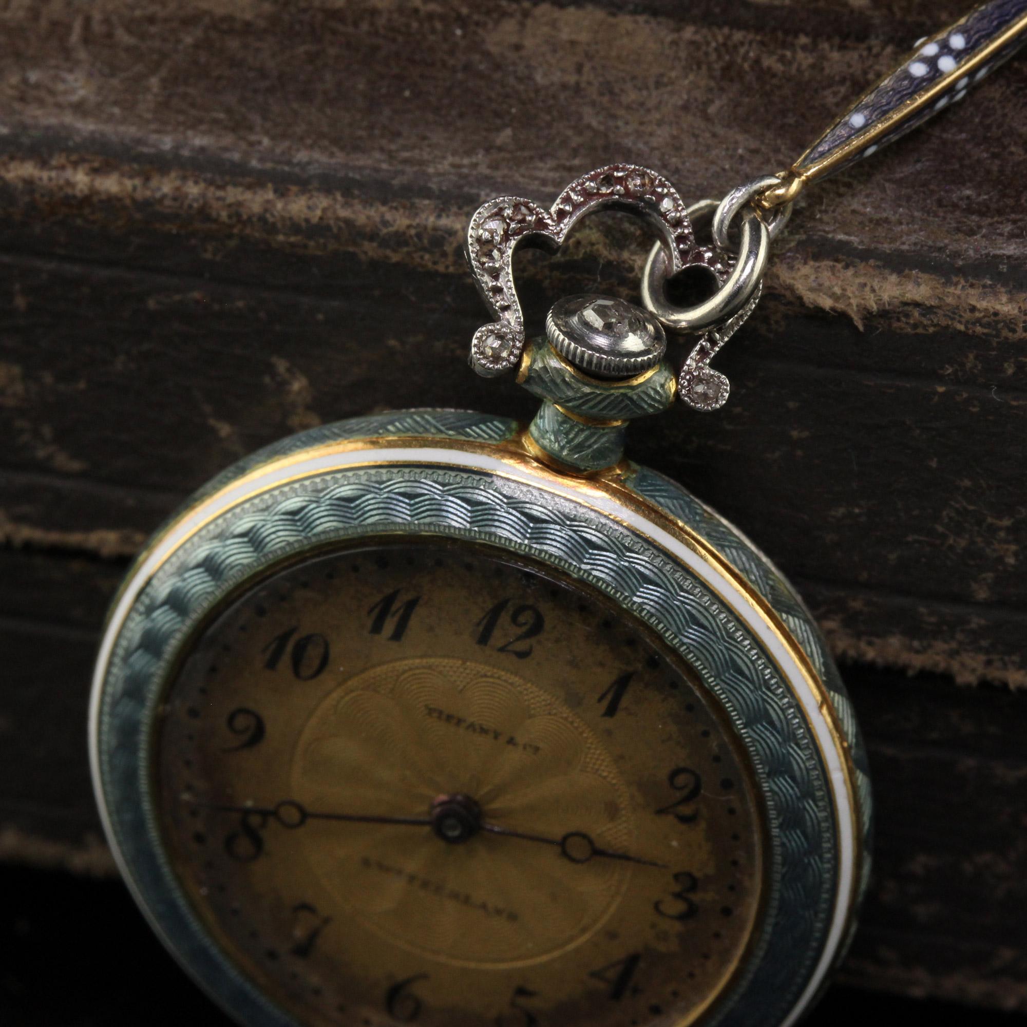Antique Edwardian Tiffany and Co Platinum Guilloche Enamel Diamond Watch Pendant For Sale 2