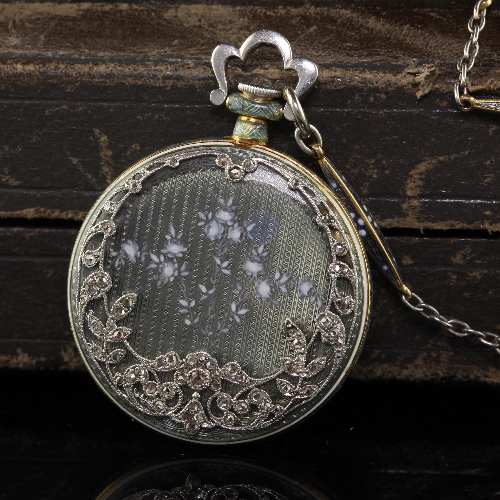 Antique Edwardian Tiffany and Co Platinum Guilloche Enamel Diamond Watch Pendant For Sale 3