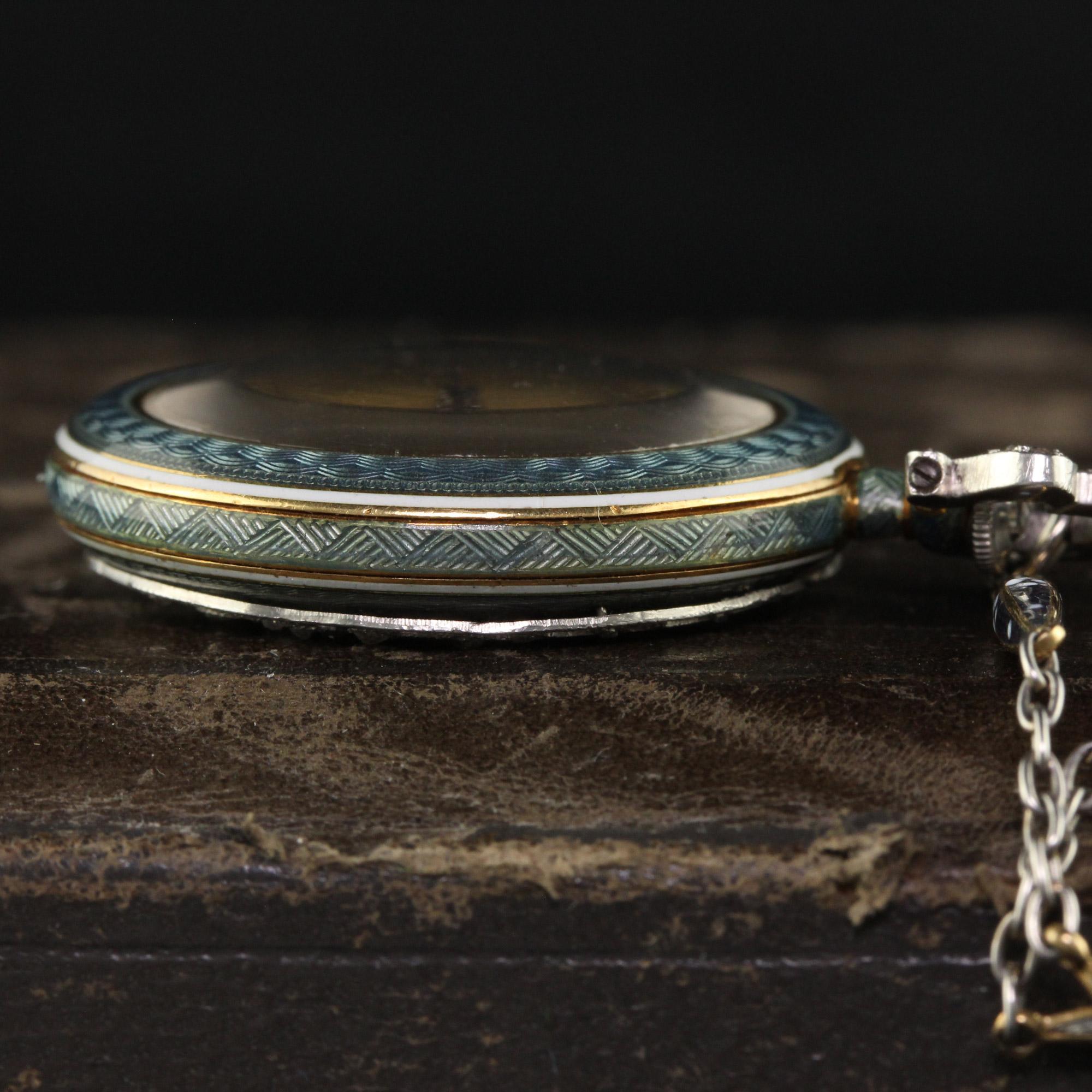 Antique Edwardian Tiffany and Co Platinum Guilloche Enamel Diamond Watch Pendant For Sale 4