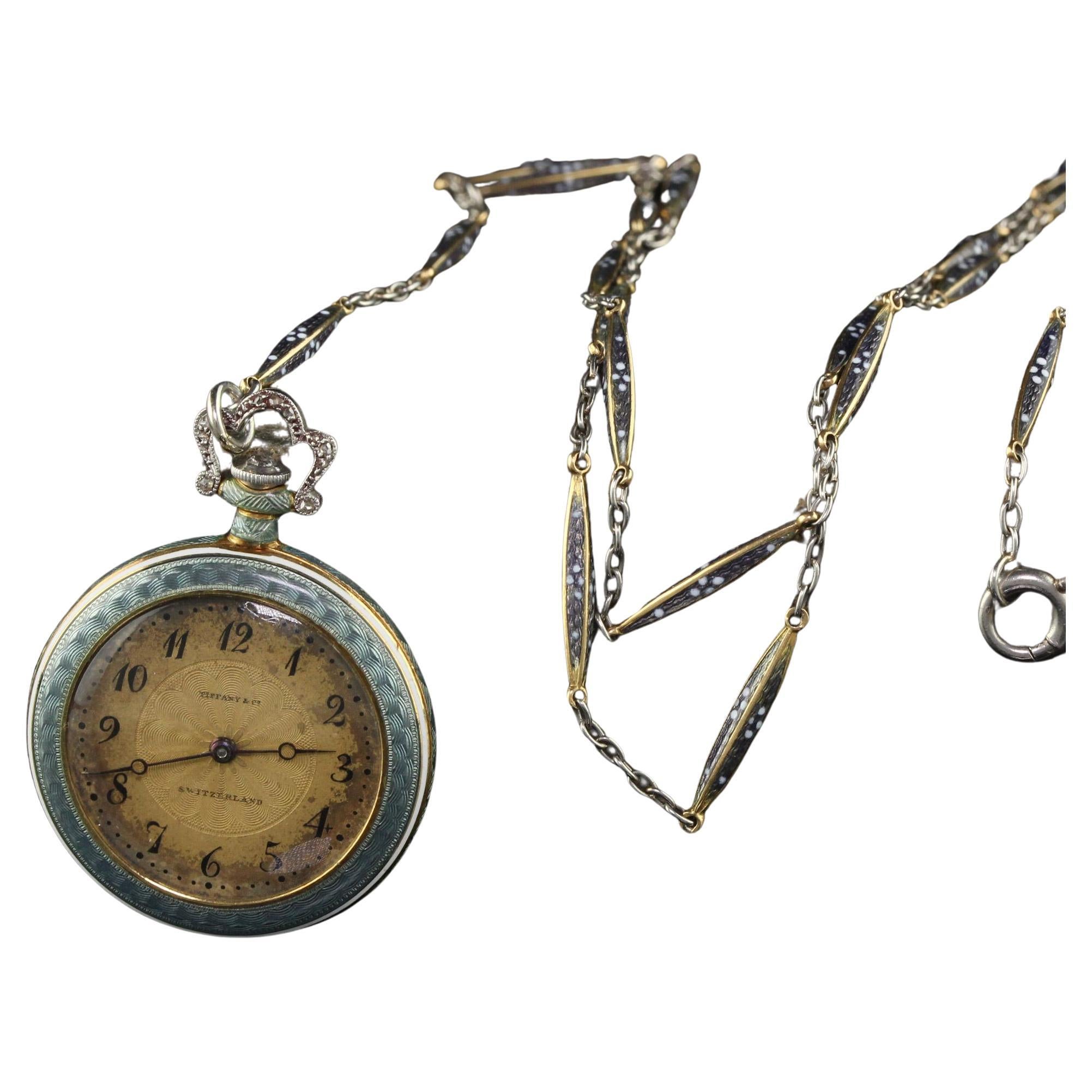 Antique Edwardian Tiffany and Co Platinum Guilloche Enamel Diamond Watch Pendant For Sale
