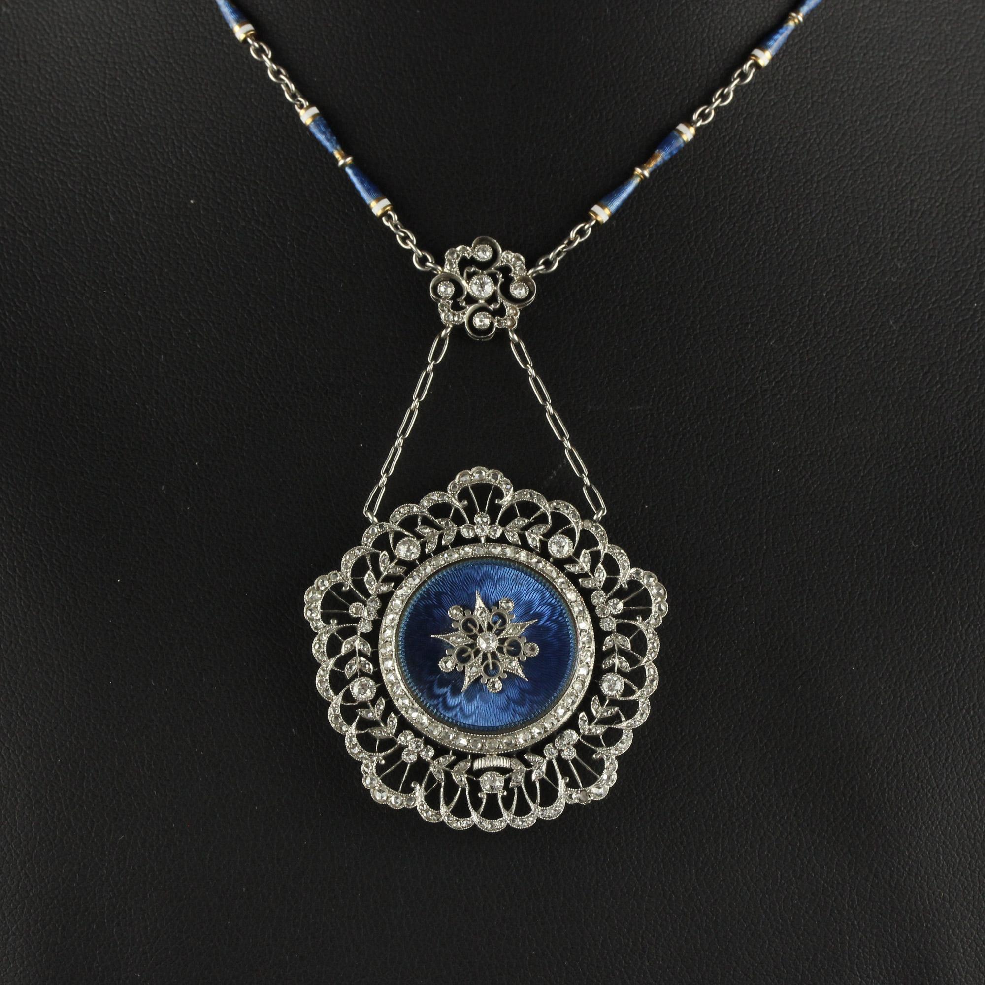 Antique Edwardian Tiffany Co Diamond Enamel Filigree Guilloche Watch Necklace For Sale 7