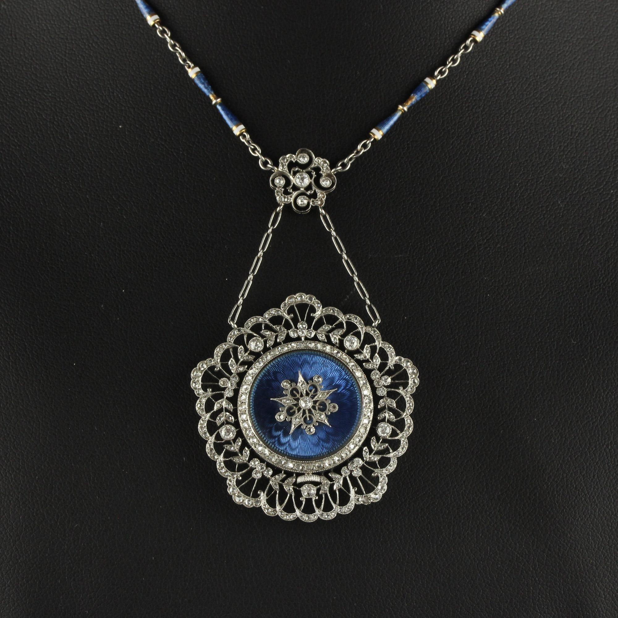 Antico Tiffany & Co. Diamante smaltato Filigrana Guilloche Orologio Collana in vendita 5