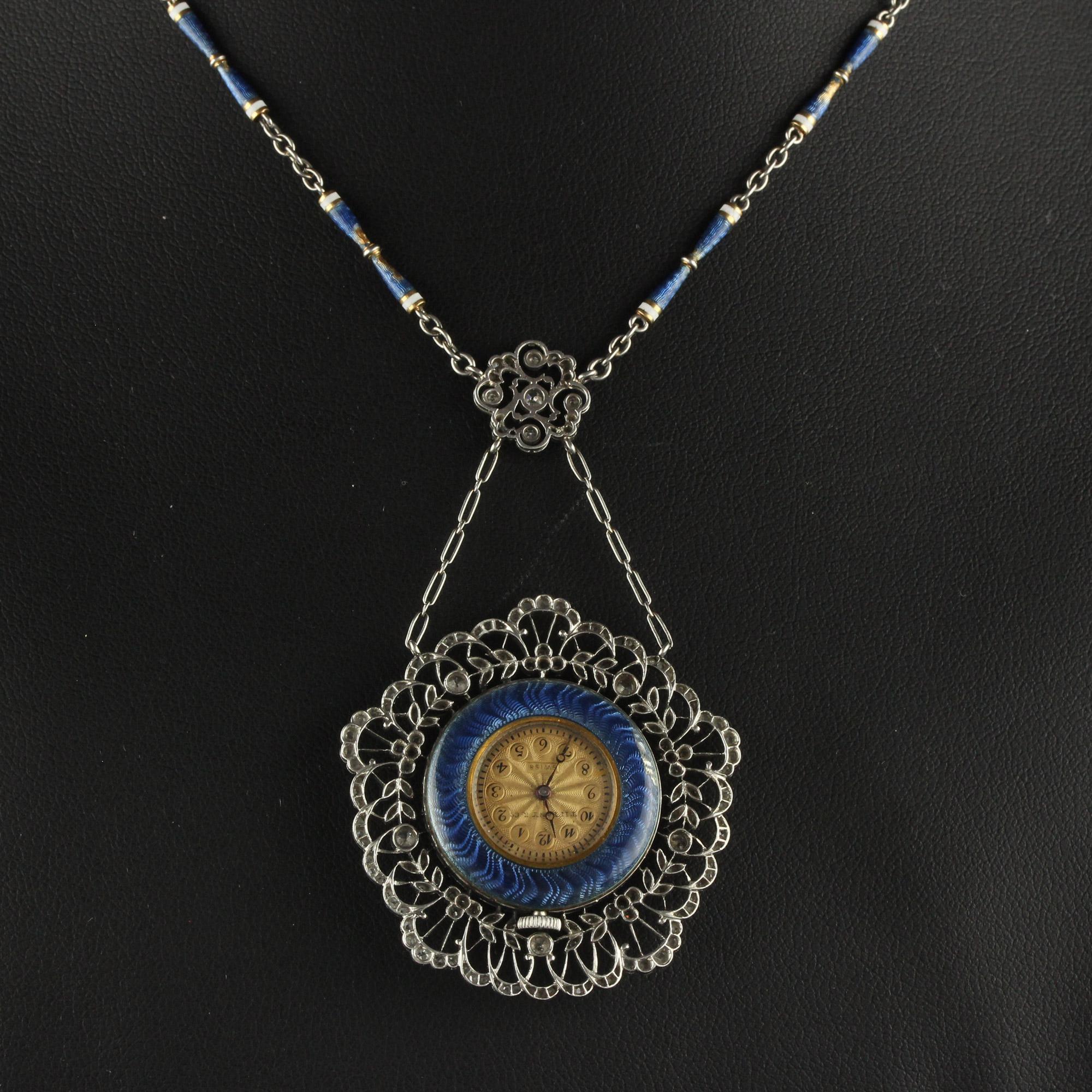 Antique Edwardian Tiffany Co Diamond Enamel Filigree Guilloche Watch Necklace For Sale 8