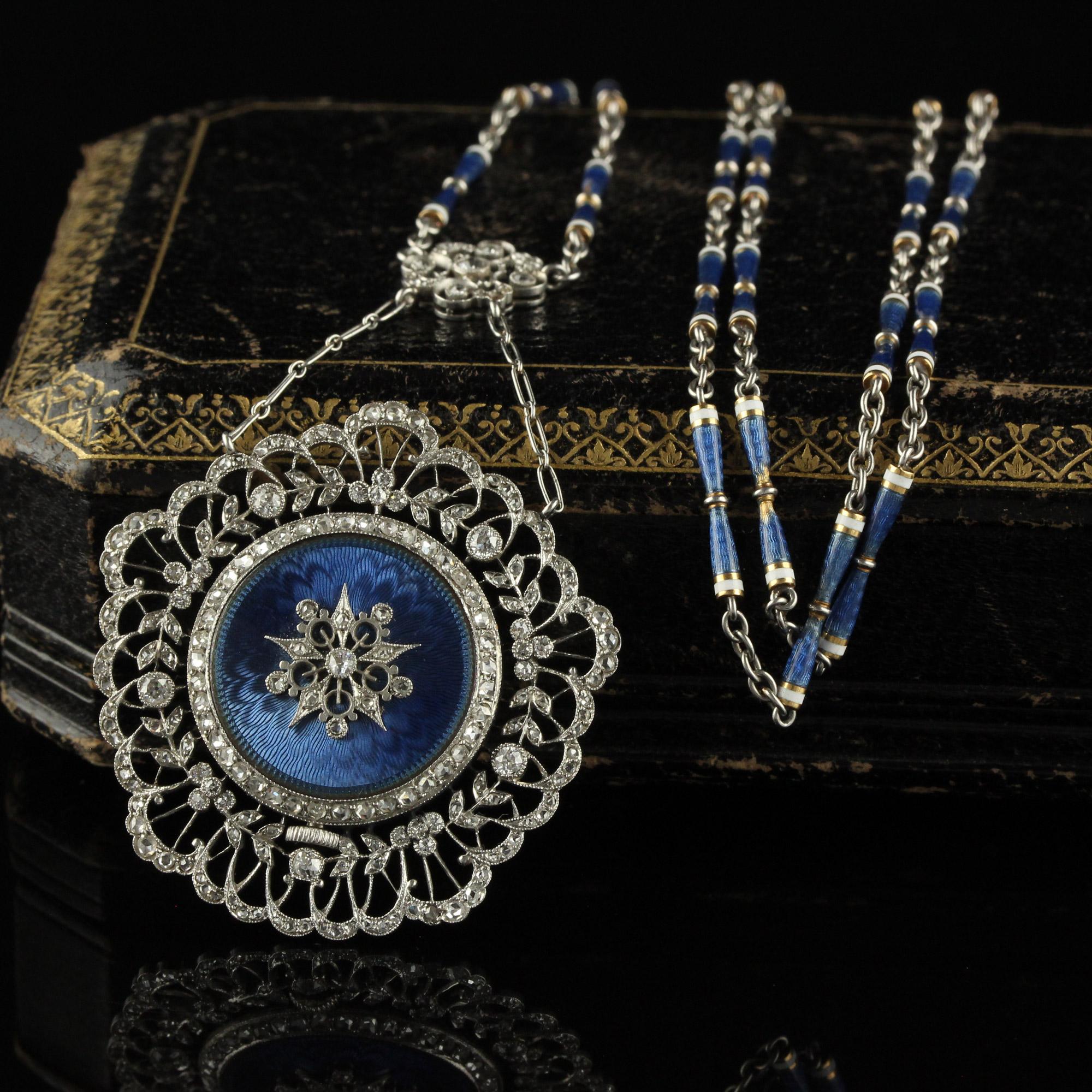 Beautiful Antique Edwardian Tiffany Co Diamond Enamel Filigree Guilloche Watch Necklace. This incredible one of a kind Tiffany and Co watch necklace is crafted in platinum. This gorgeous piece features gorgeous Guilloche enamel throughout the entire