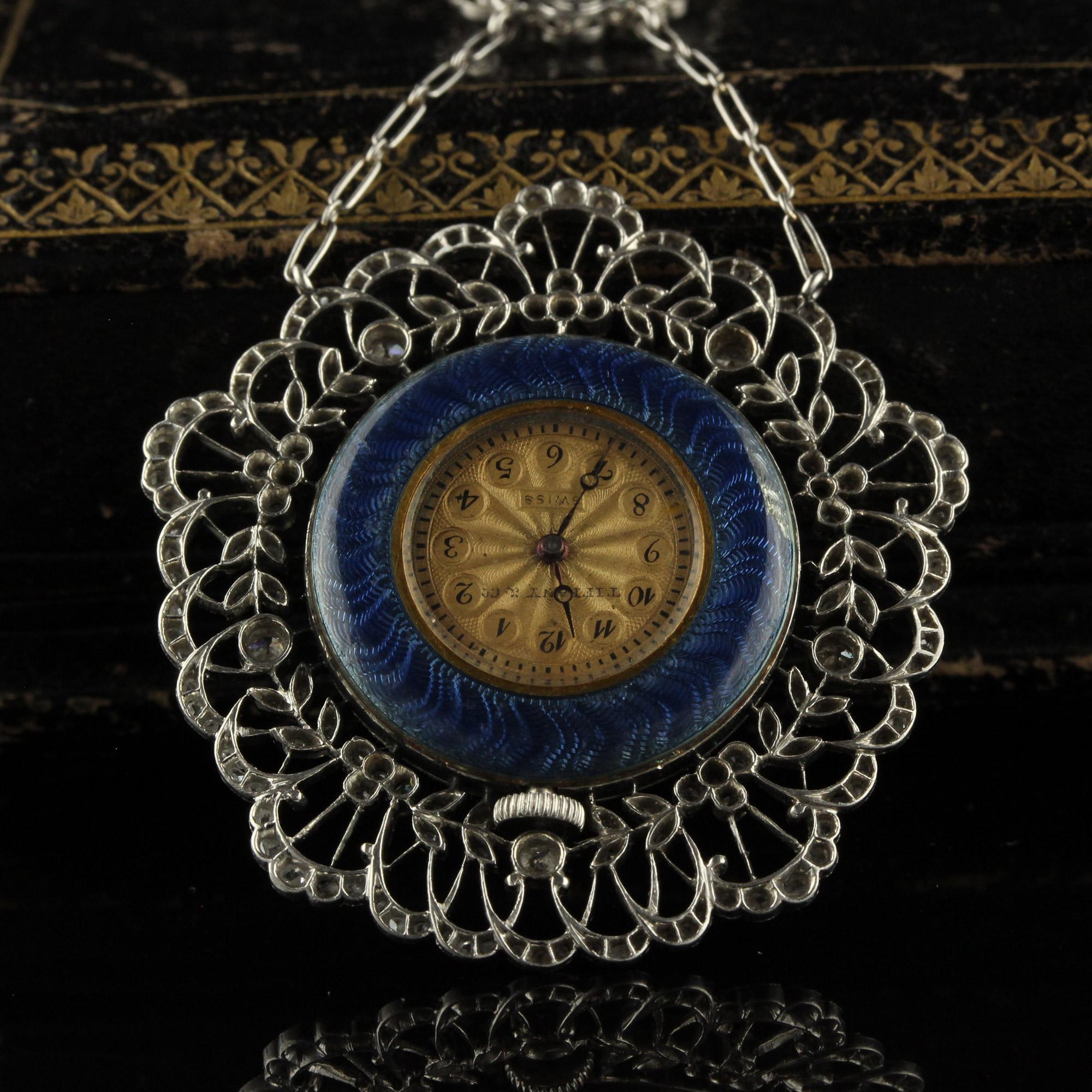 Rose Cut Antique Edwardian Tiffany Co Diamond Enamel Filigree Guilloche Watch Necklace For Sale