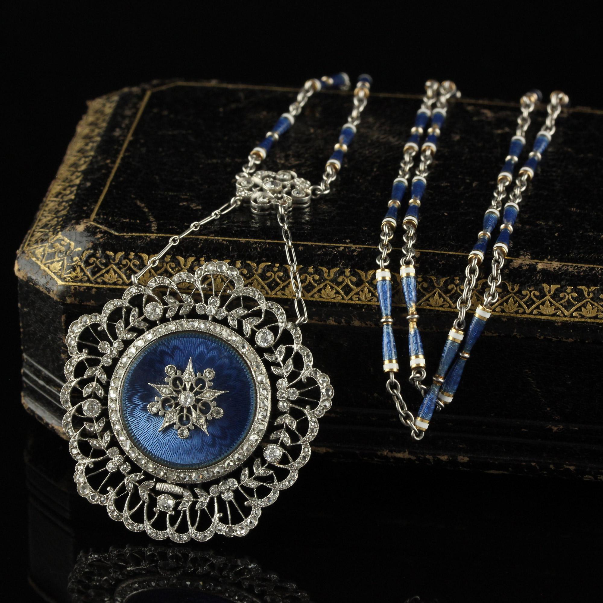 Edoardiano Antico Tiffany & Co. Diamante smaltato Filigrana Guilloche Orologio Collana in vendita