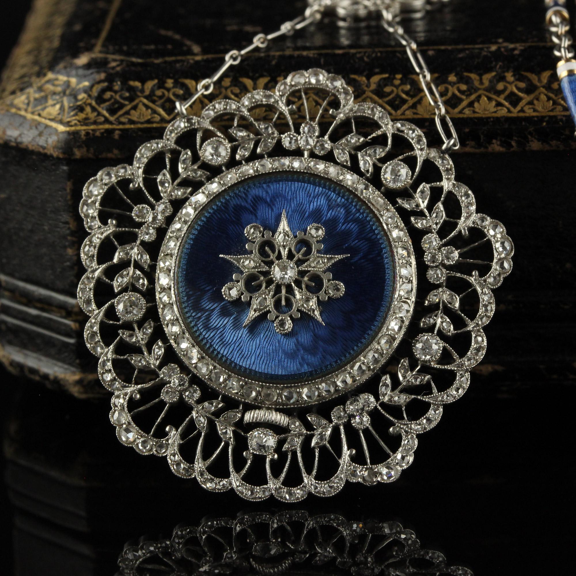 Taglio a rosa Antico Tiffany & Co. Diamante smaltato Filigrana Guilloche Orologio Collana in vendita