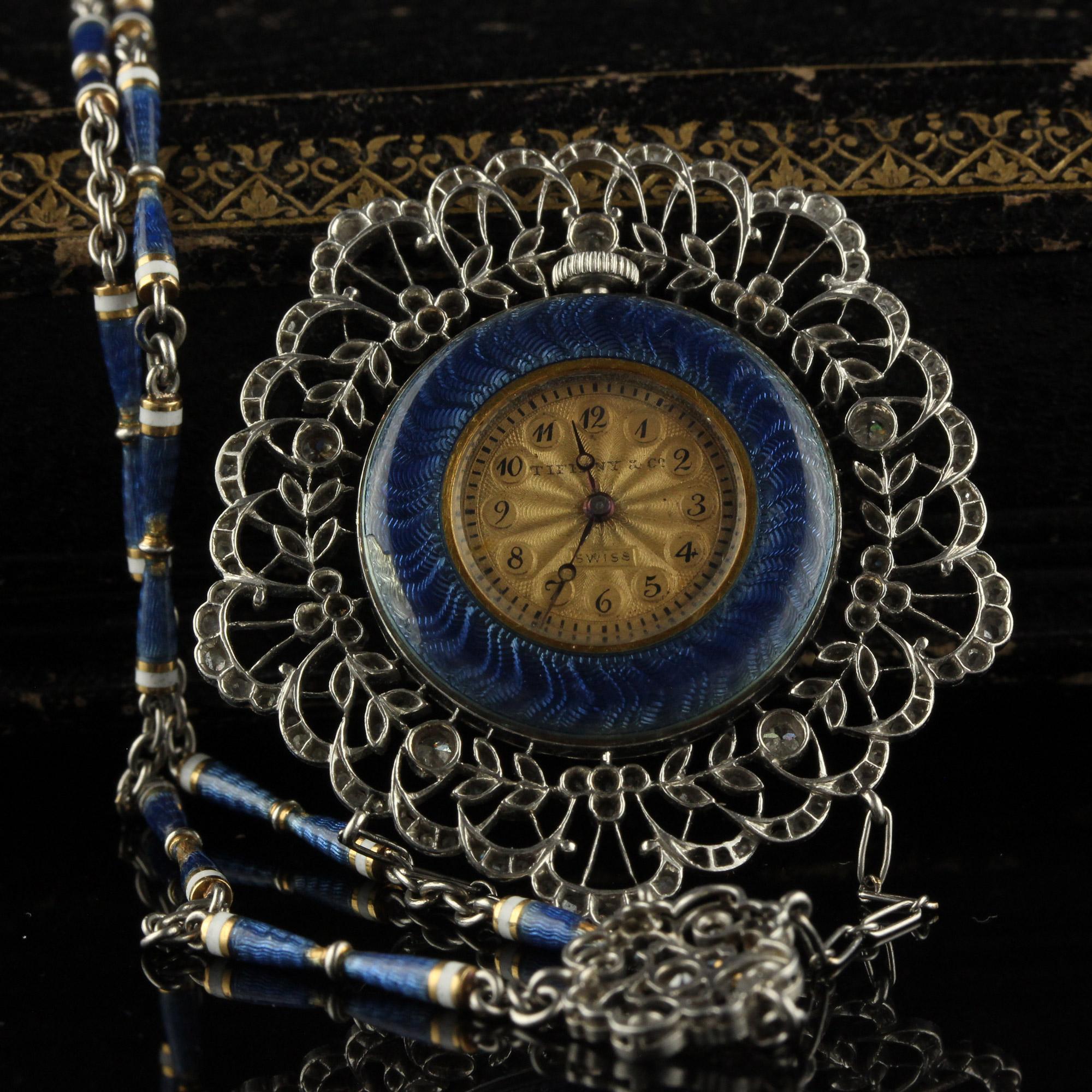 Antique Edwardian Tiffany Co Diamond Enamel Filigree Guilloche Watch Necklace For Sale 1
